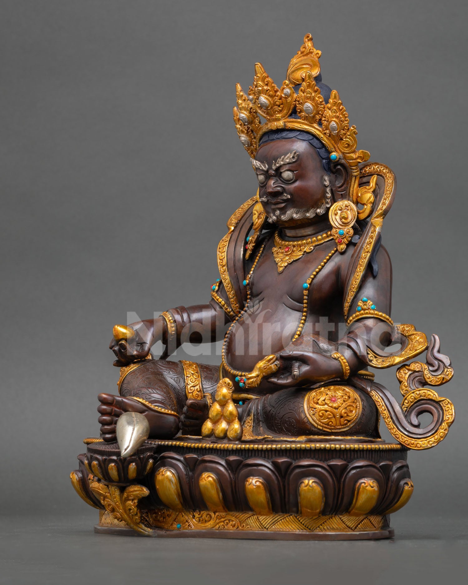 Left profile Dzambhala wealth deity statue copper craftsmanship fine detailing and oxidized finish