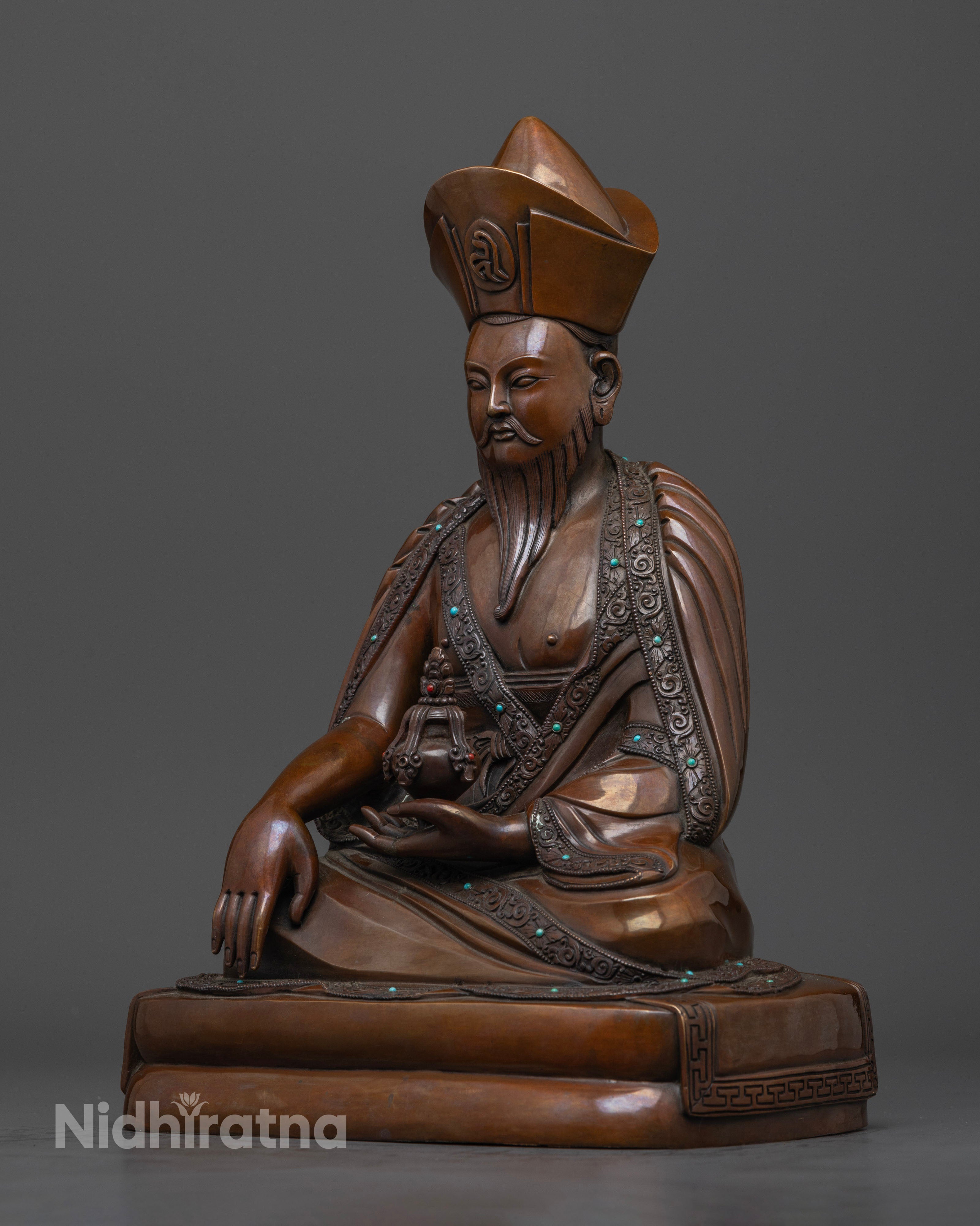left profile of ngawang namgyal statue, handcrafted Nepalese copper with sacred decorative stones