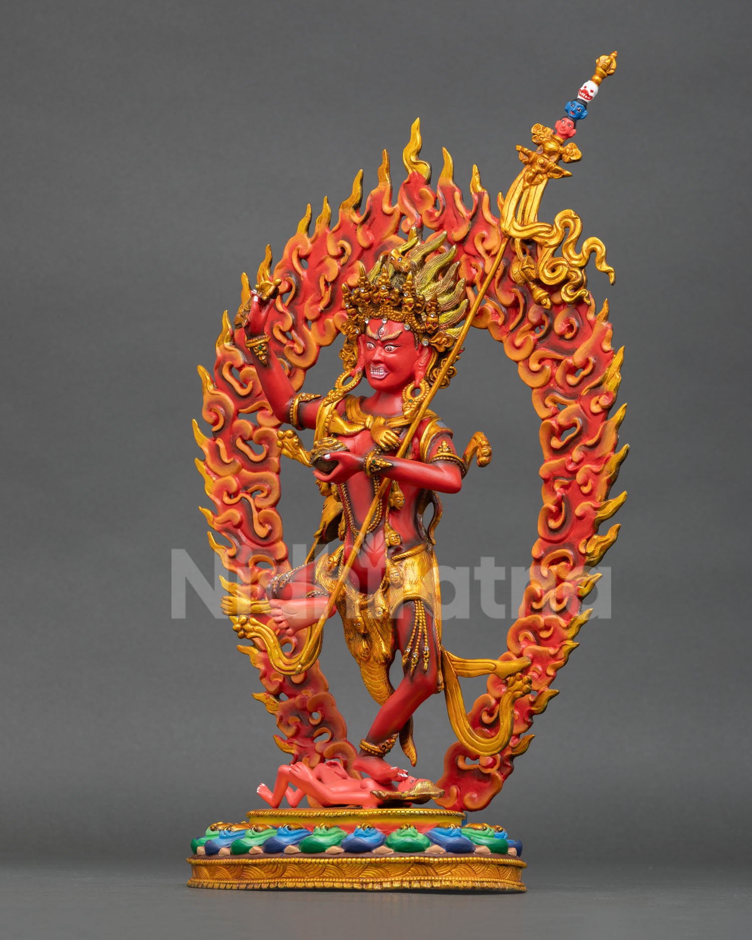 Left side Troma Nagmo statue, Vajrayana copper art, gold gilded lotus base