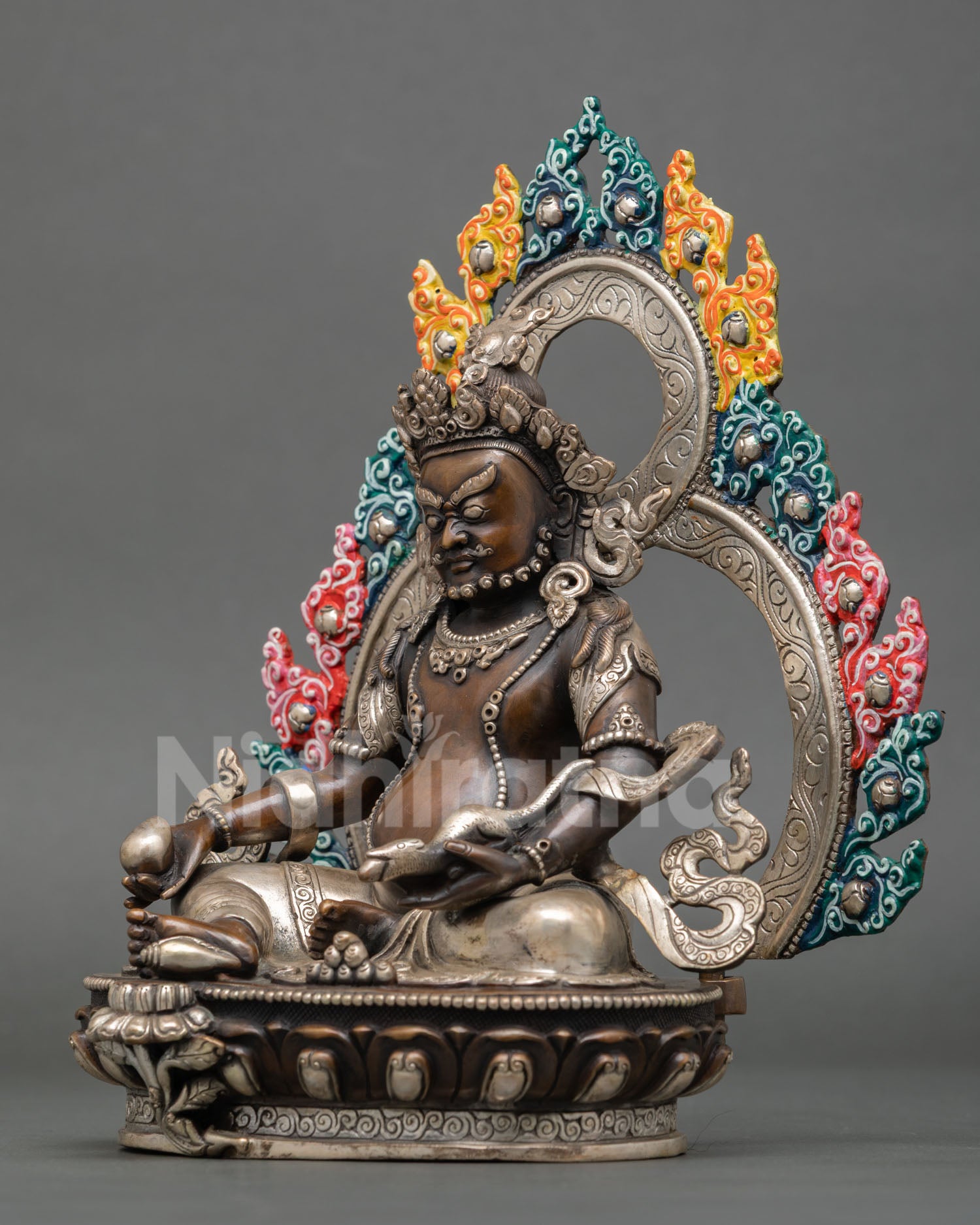 left side view Dzambhala statue, traditional Buddhist copper craftsmanship art