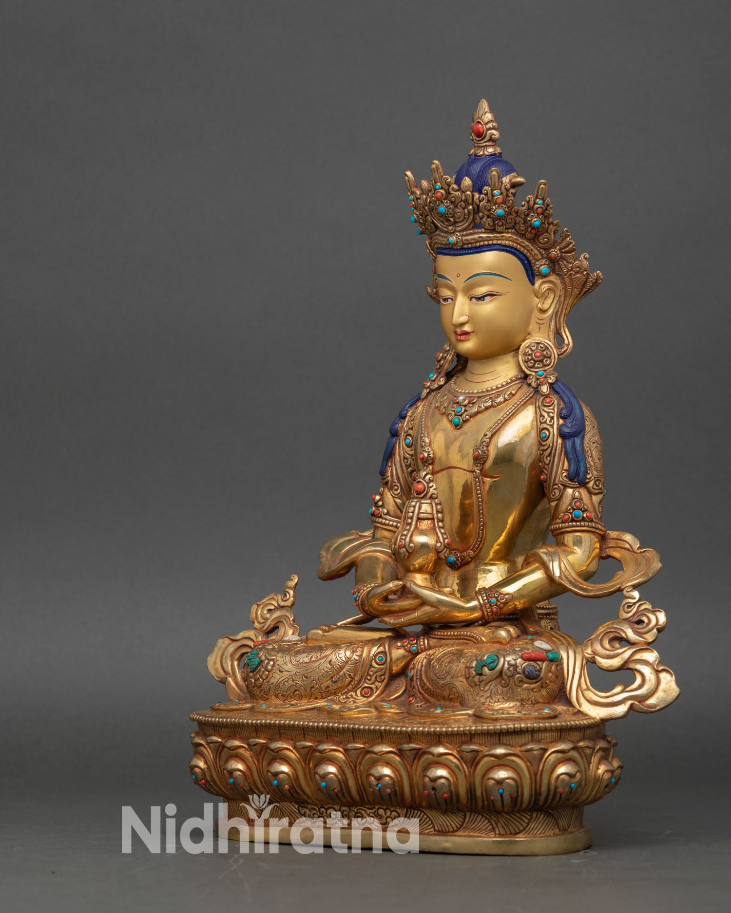 Left Side View Amitayus Statue, Handcrafted Nepalese Buddhist Deity with Gold Finish