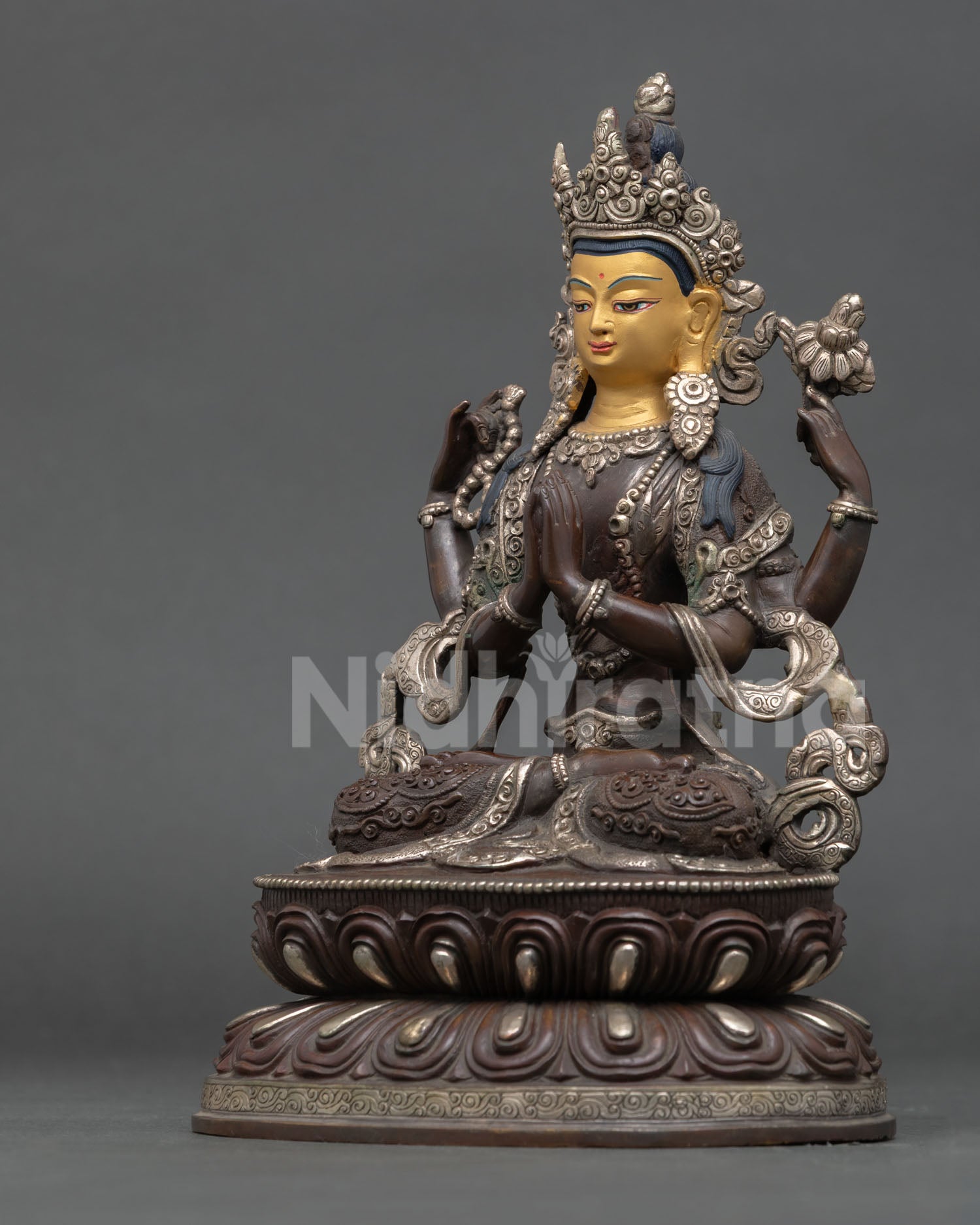 left side view chenrezig statue lotus seat detail buddhist compassion deity handcrafted nepal
