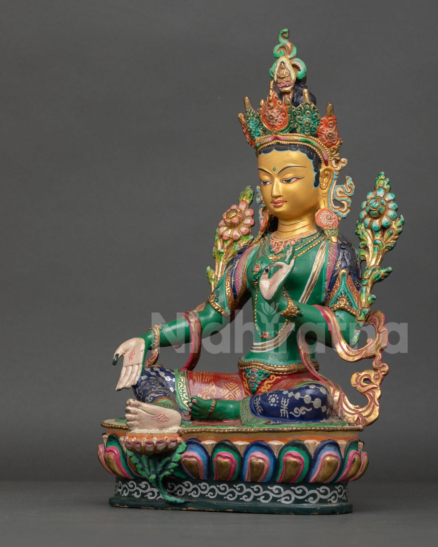 Left side view Green Tara statue handcrafted copper sculpture with traditional Himalayan altar design