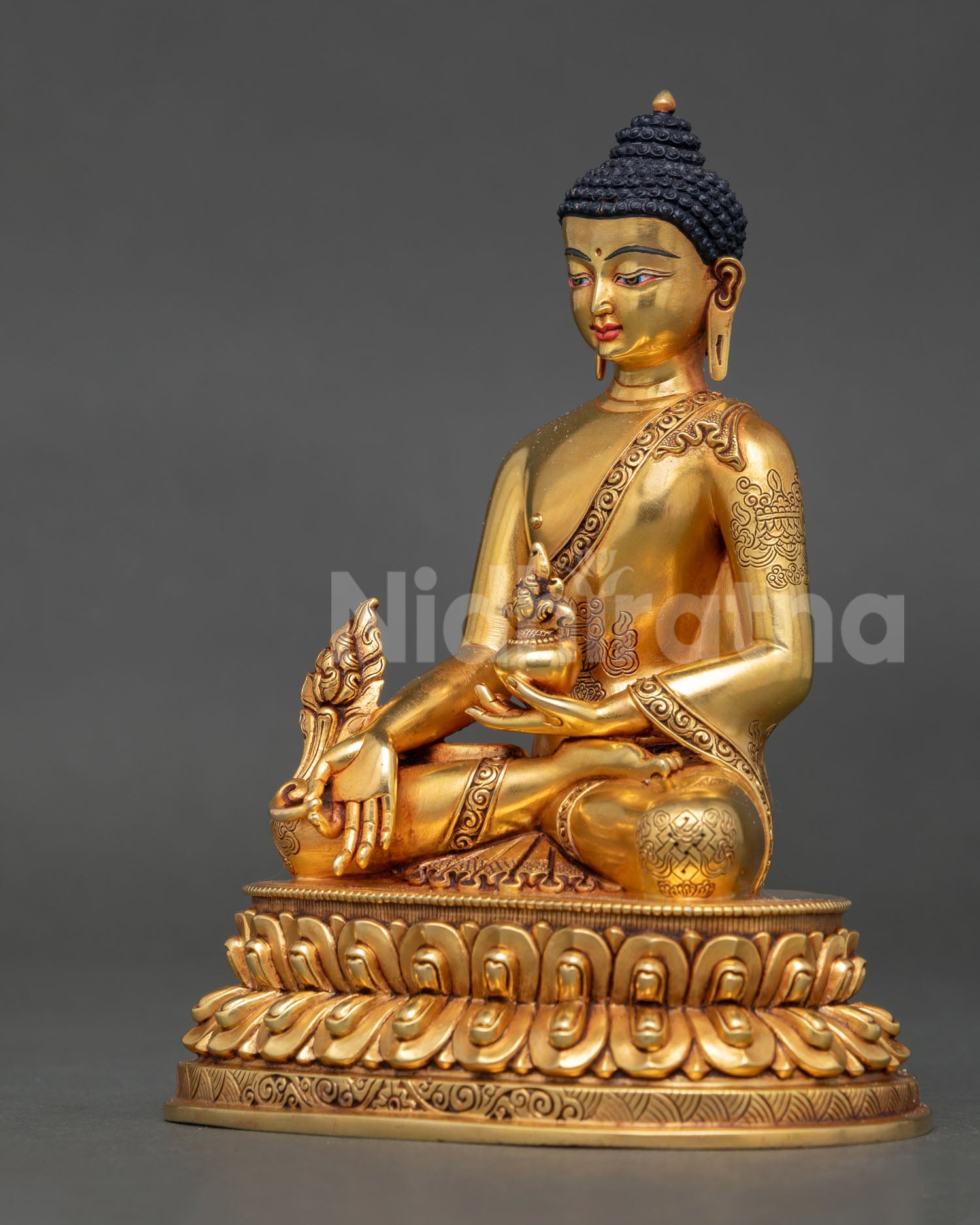 Left side view Medicine Buddha Statue, myrobalan stem detail, healing bowl, gold copper Nepal