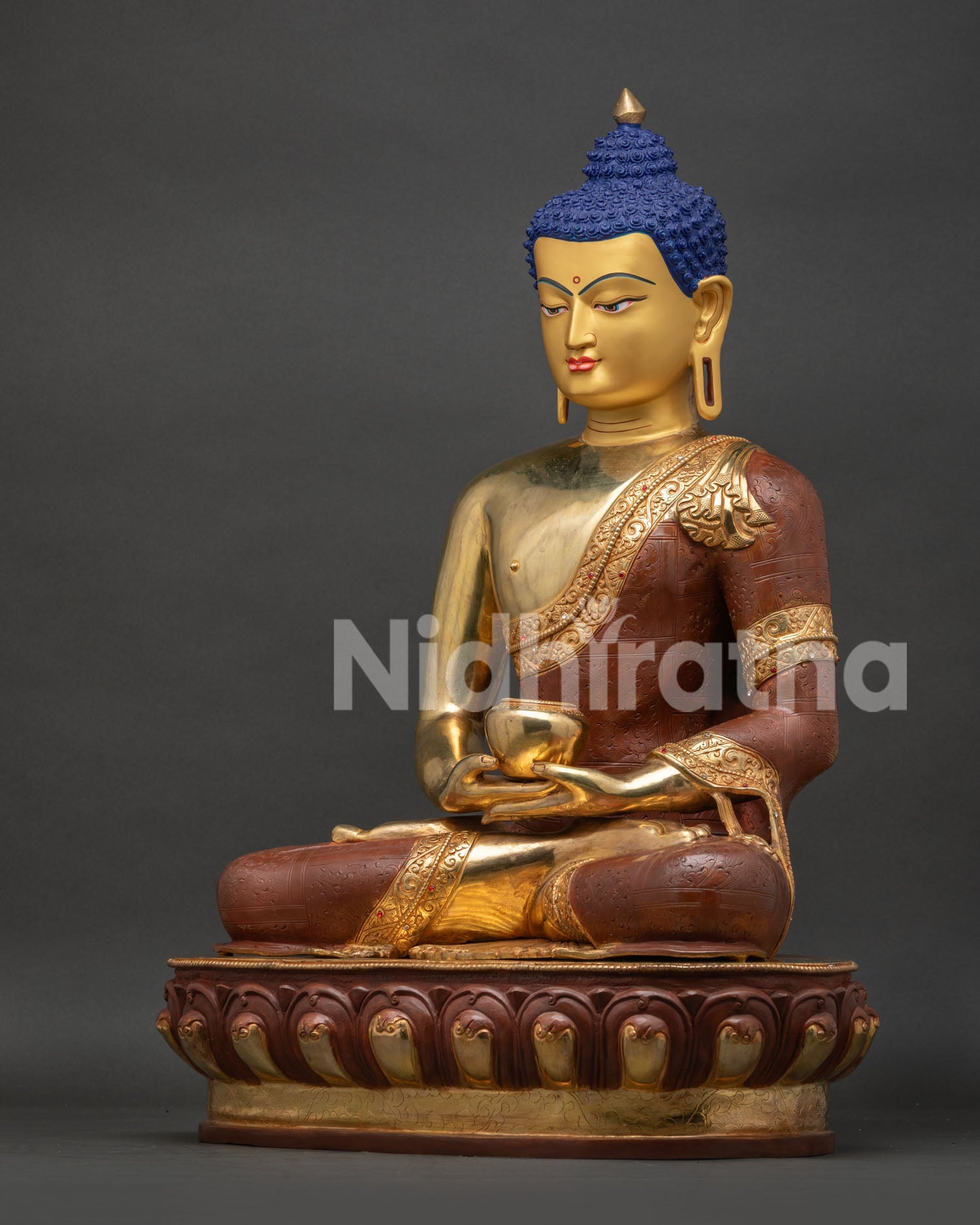 Left side view of Amitabha Buddha Statue, gold-gilded copper sculpture