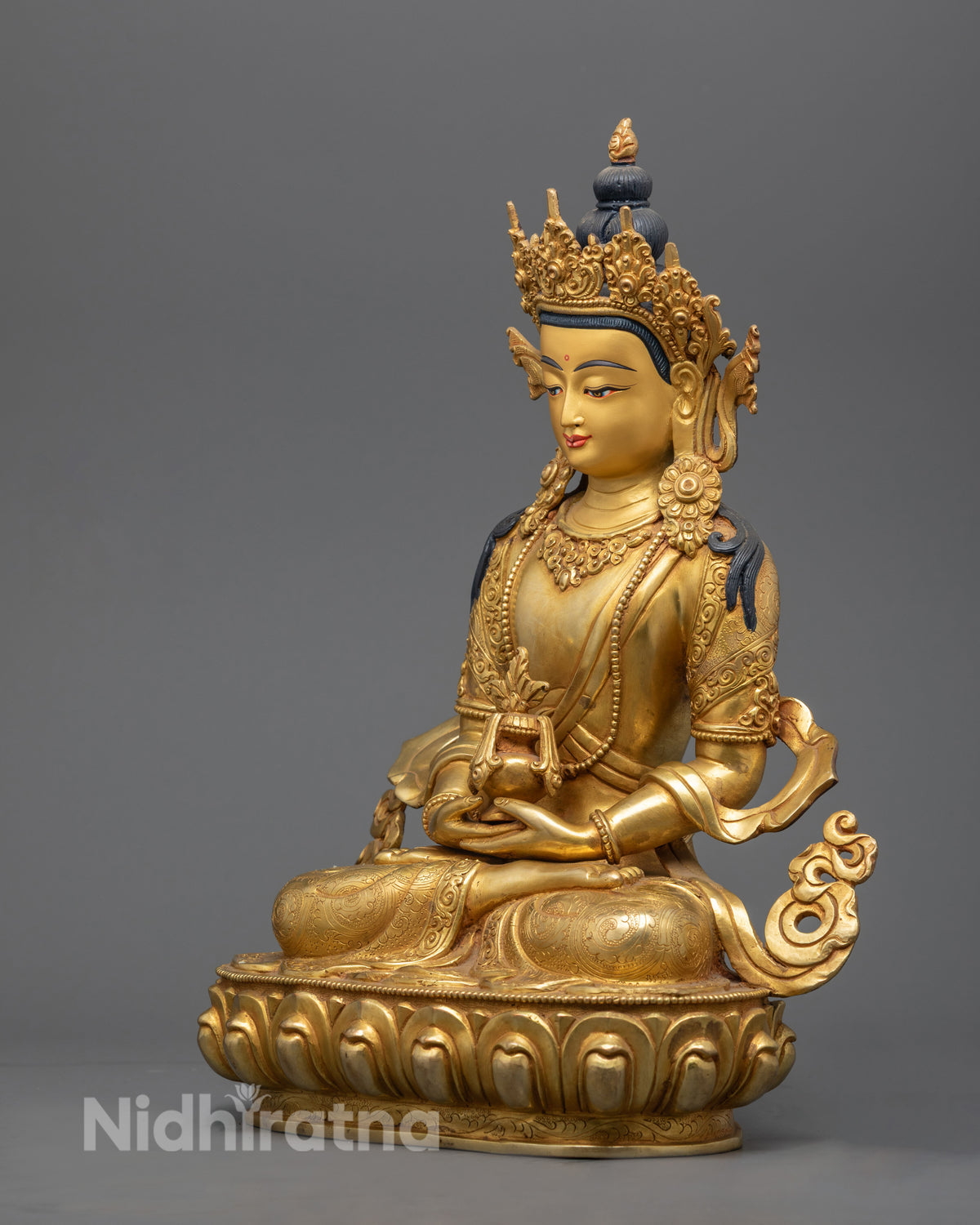Left side view of Amitayus Buddha statue, handmade Nepalese copper art
