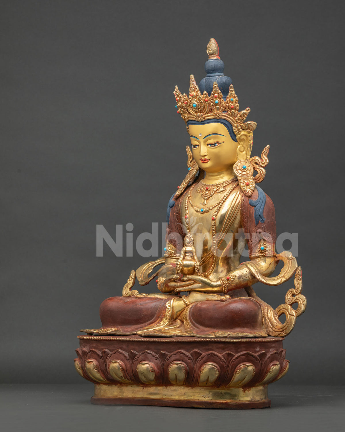 Left Side View Of Amitayus Buddha Statue With Detailed Lotus And Robe