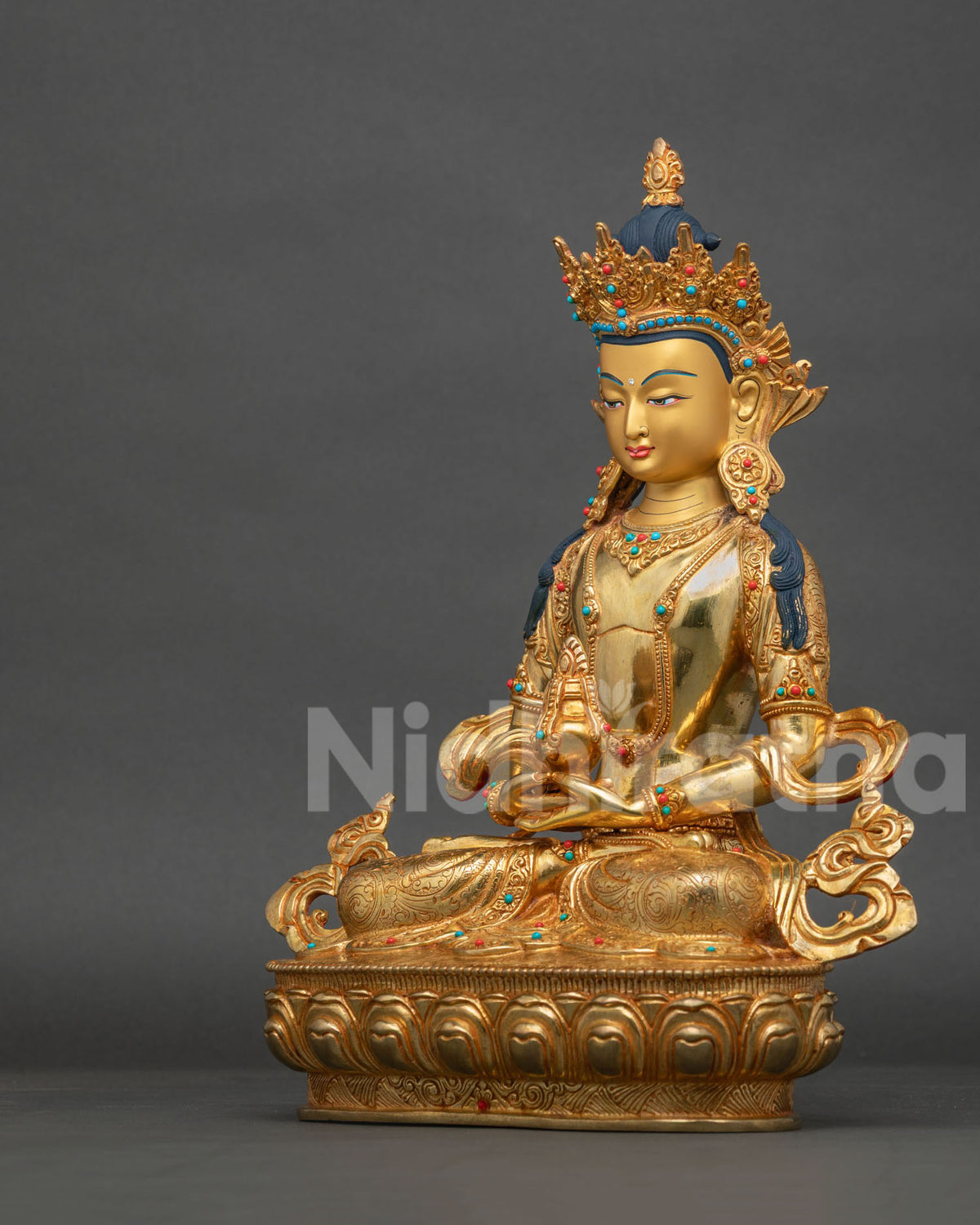 Left side view of Amitayus Buddha statue with flowing scarves, fire gilded 24K gold copper from Nepal