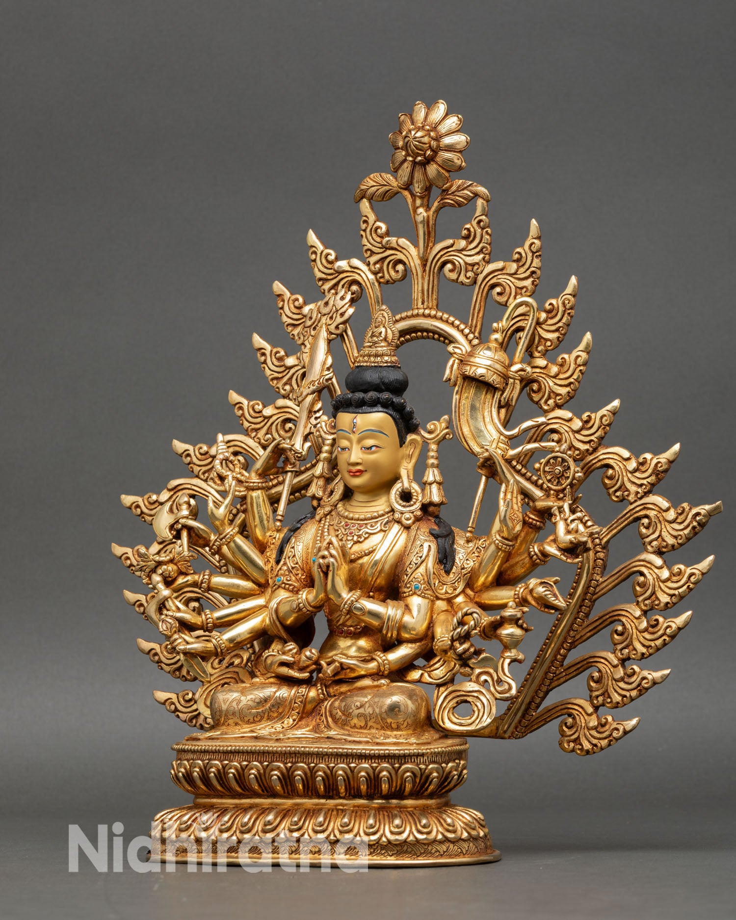 Left side view of Chundi Devi statue wrathful feminine bodhisattva copper gold gilded details