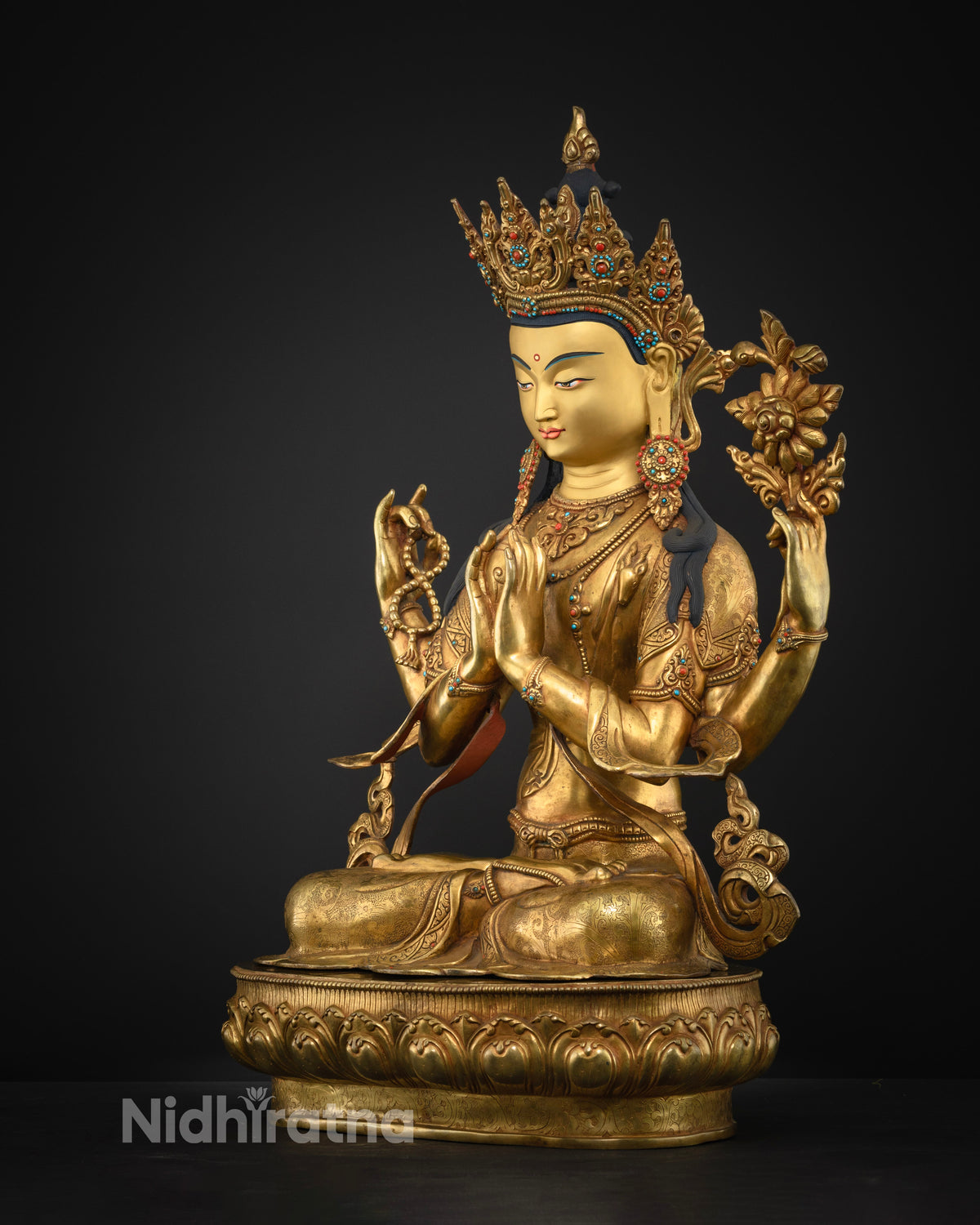 Left side view of Four-Armed Chenrezig statue, handcrafted Buddhist sculpture