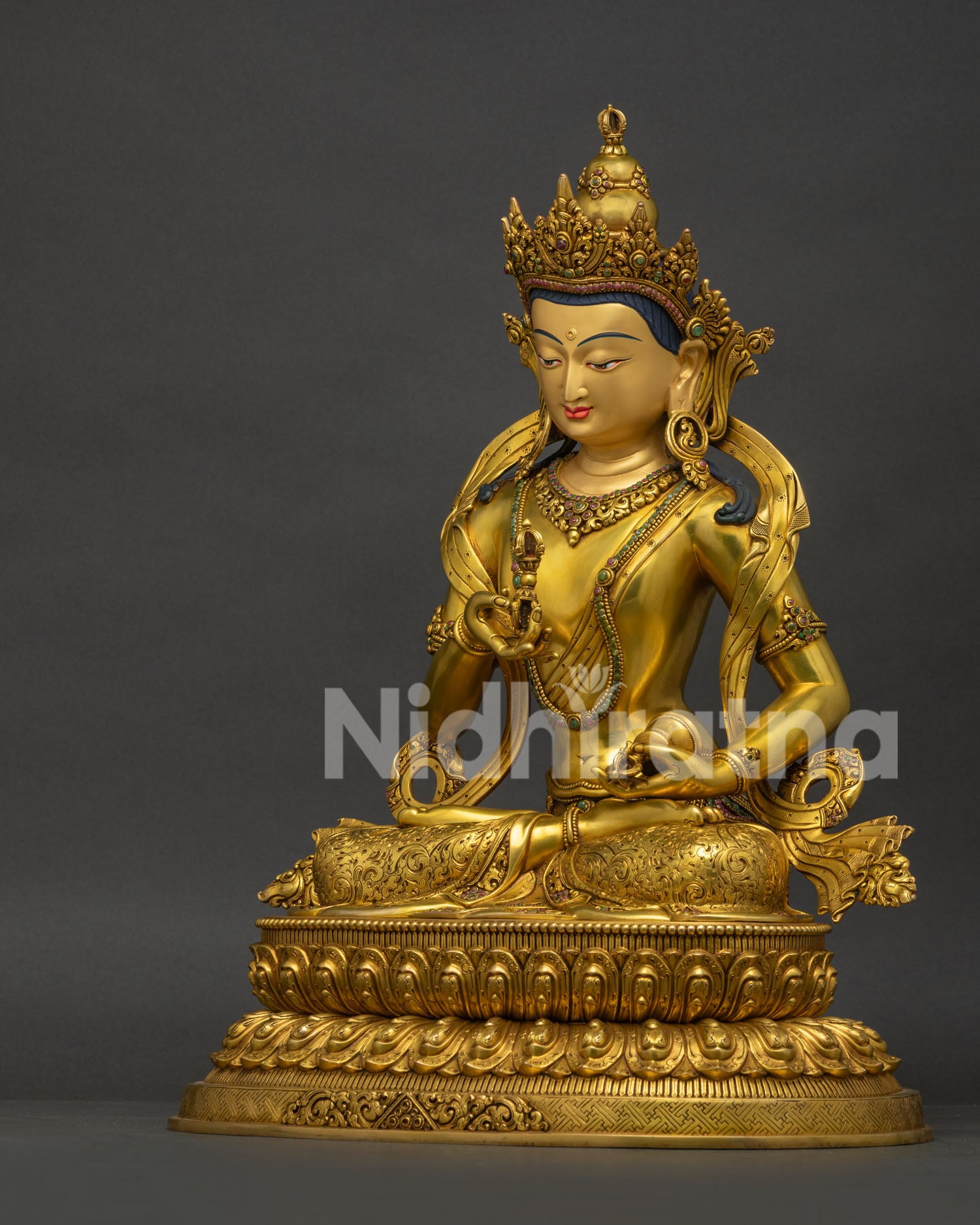 Left Side View of Gold Gilded Vajrasattva Statue Crafted by Newari Artisans