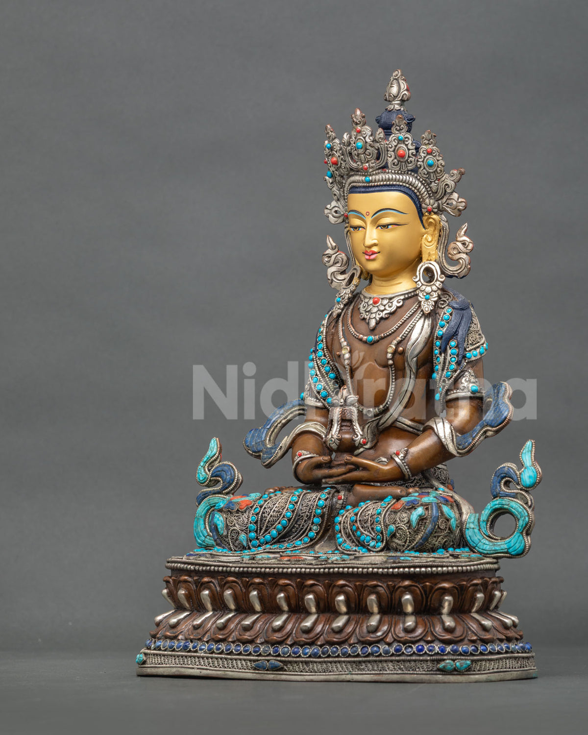 Left Side View of Handcrafted Nepalese Amitayus Statue Holding Kalasha Vase