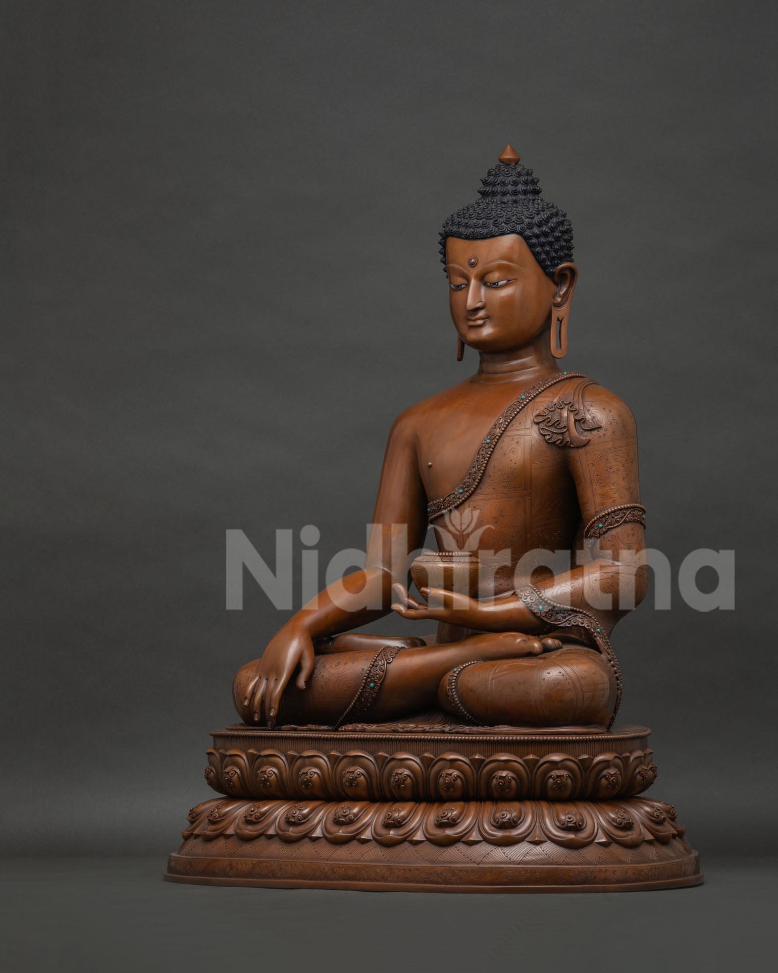 Left Side View of Oxidized Copper Shakyamuni Buddha Statue