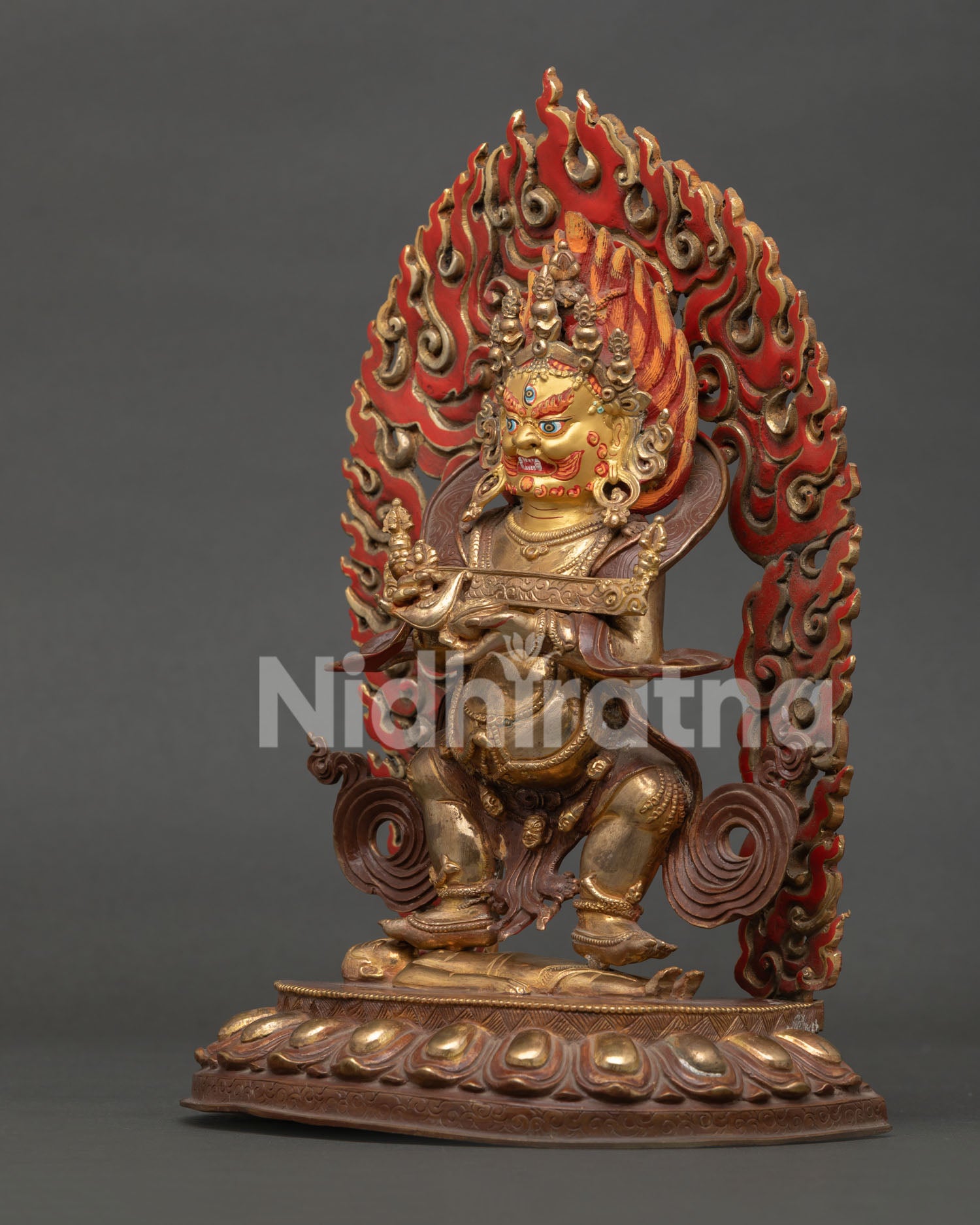 Left Side View of Sakya Mahakala Statue with Kapala and Kartika Details