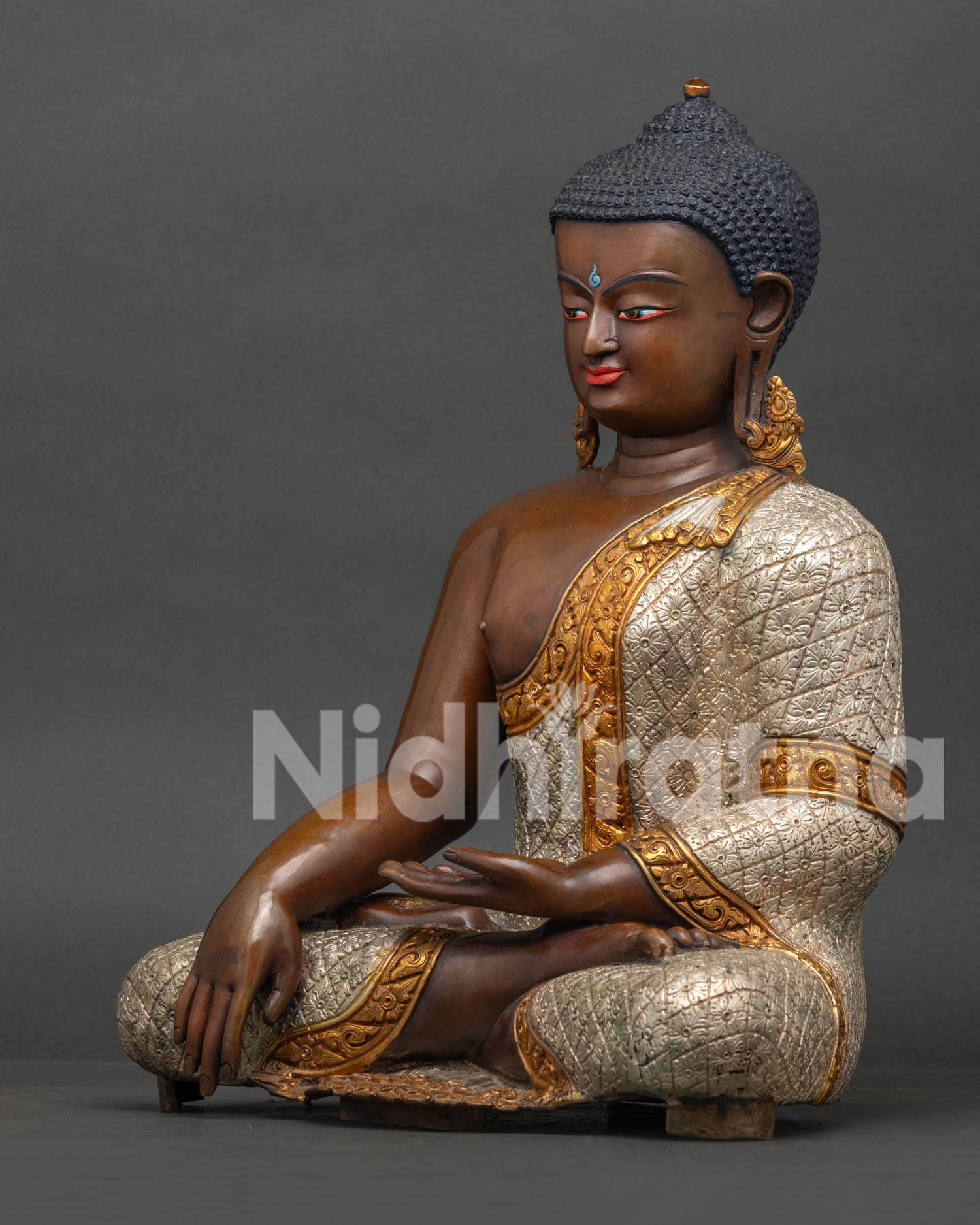 Left Side View of Shakyamuni Buddha in Bhumisparsha Mudra Oxidized Copper Statue Nepal