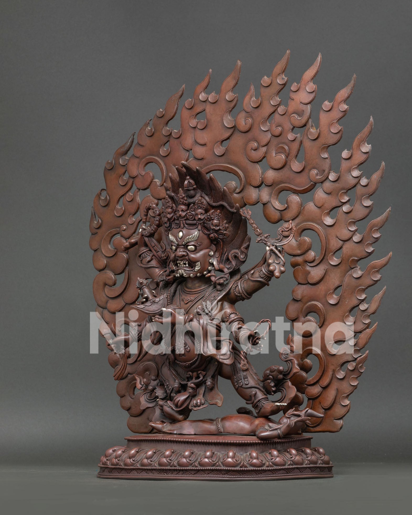 Left side view of Six Arm Mahakala Buddhist Statue with intricate handcrafted details