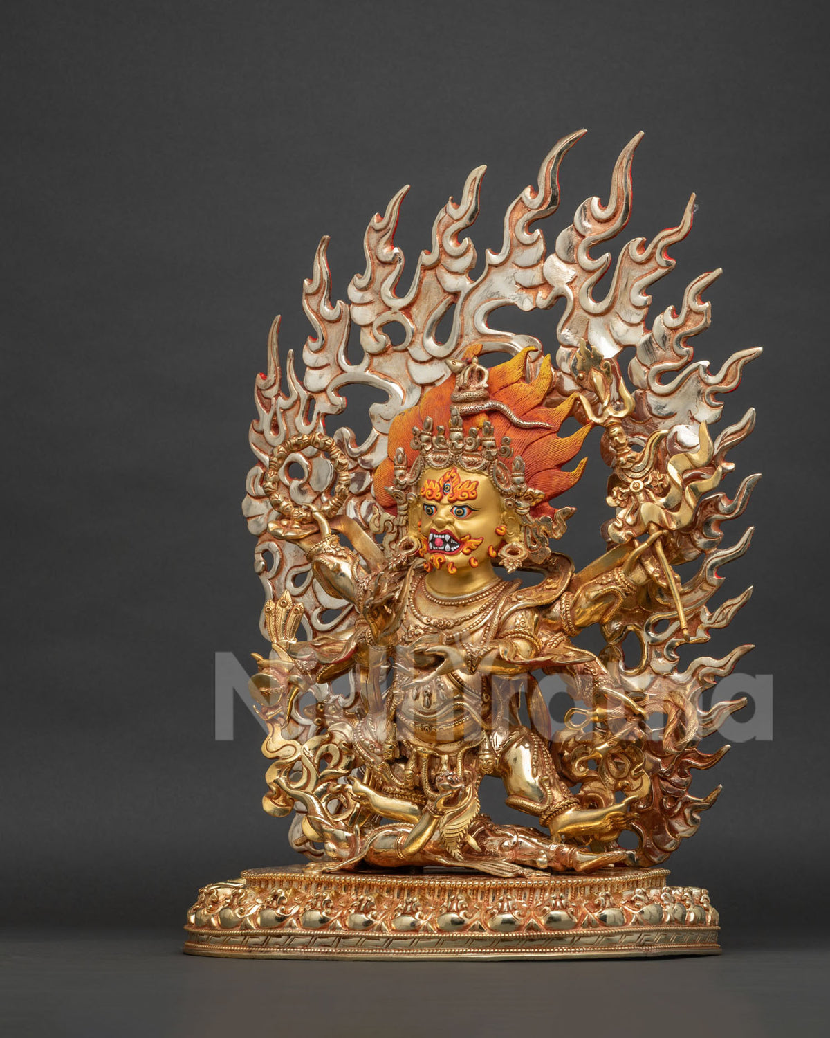 Left side view of Six Arm Mahakala Statue, handcrafted Nepalese copper gold gilded Buddhist art