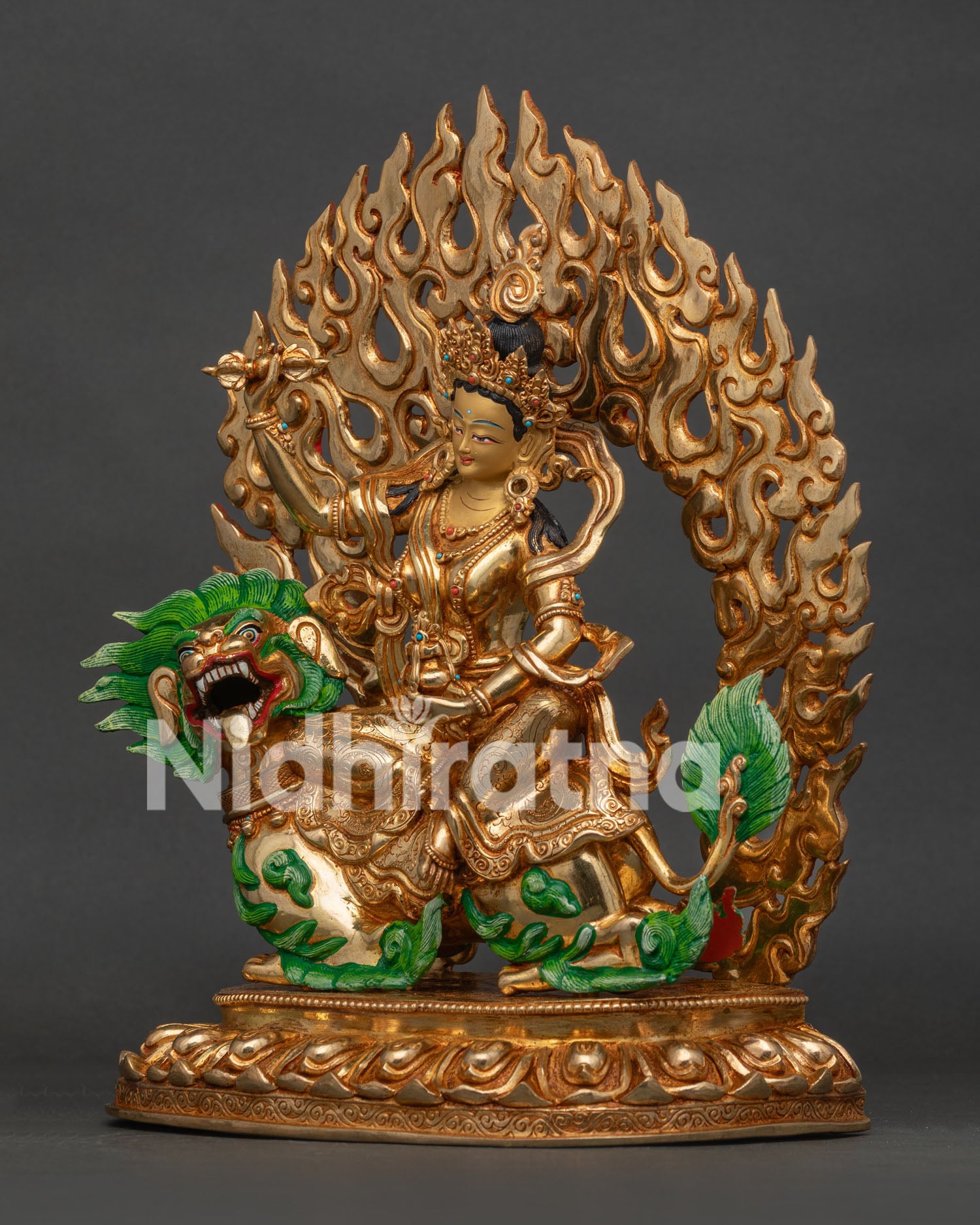 Left side view of Tashi Tseringma goddess statue displaying hand-carved copper craftsmanship