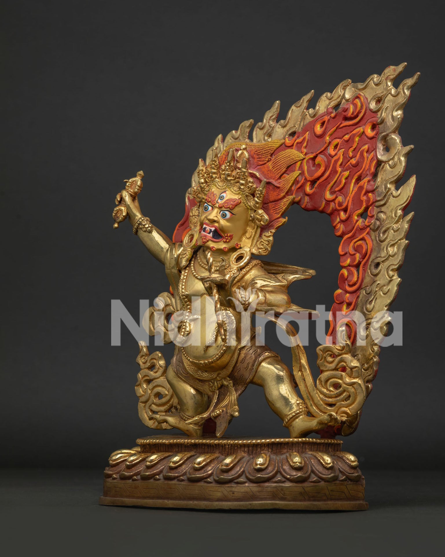 Left Side View of Vajrapani Statue Holding Lasso with Gold Gilded Copper Details