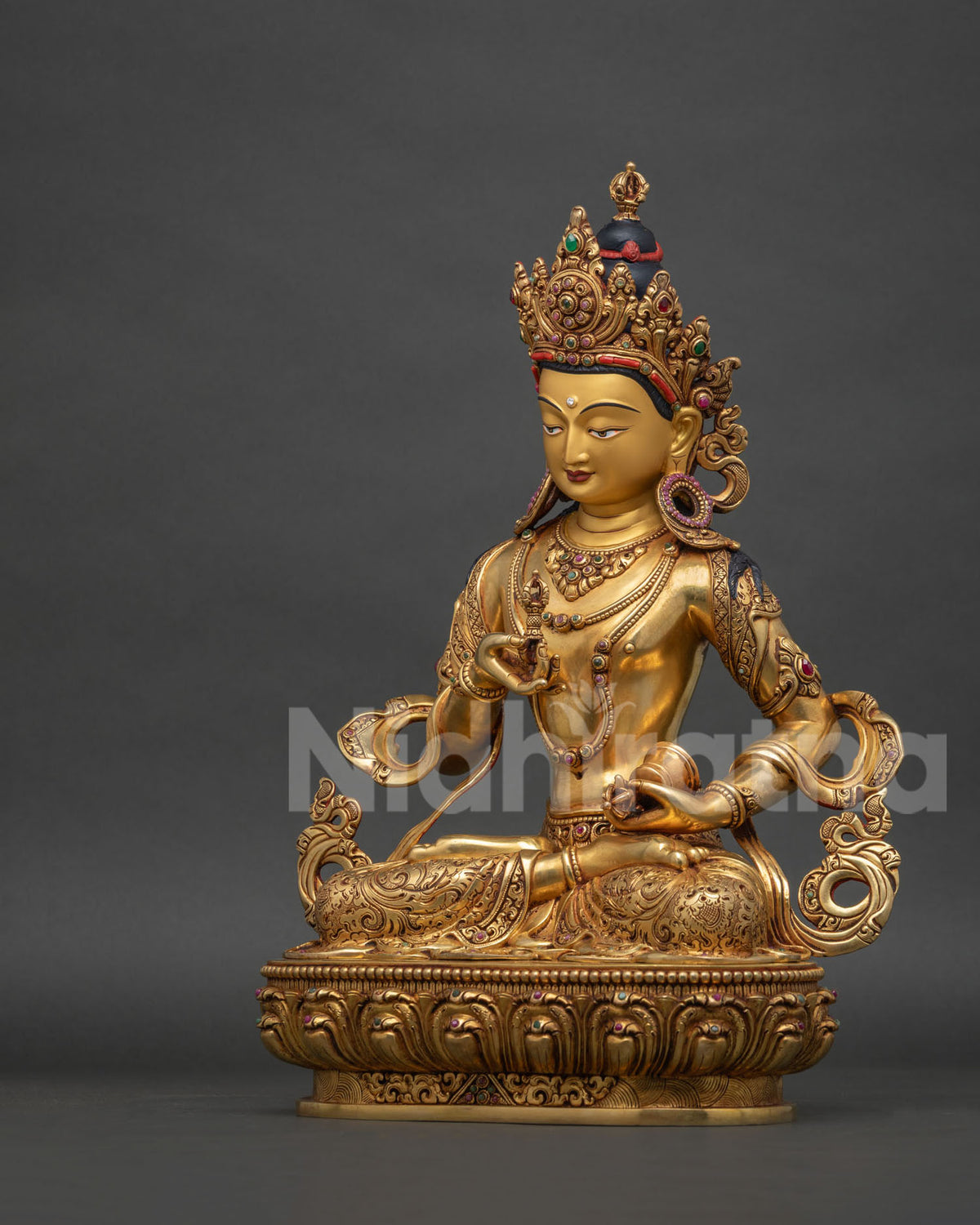 Left side view of Vajrasattva Statue, gold gilded Himalayan Buddhist sculpture