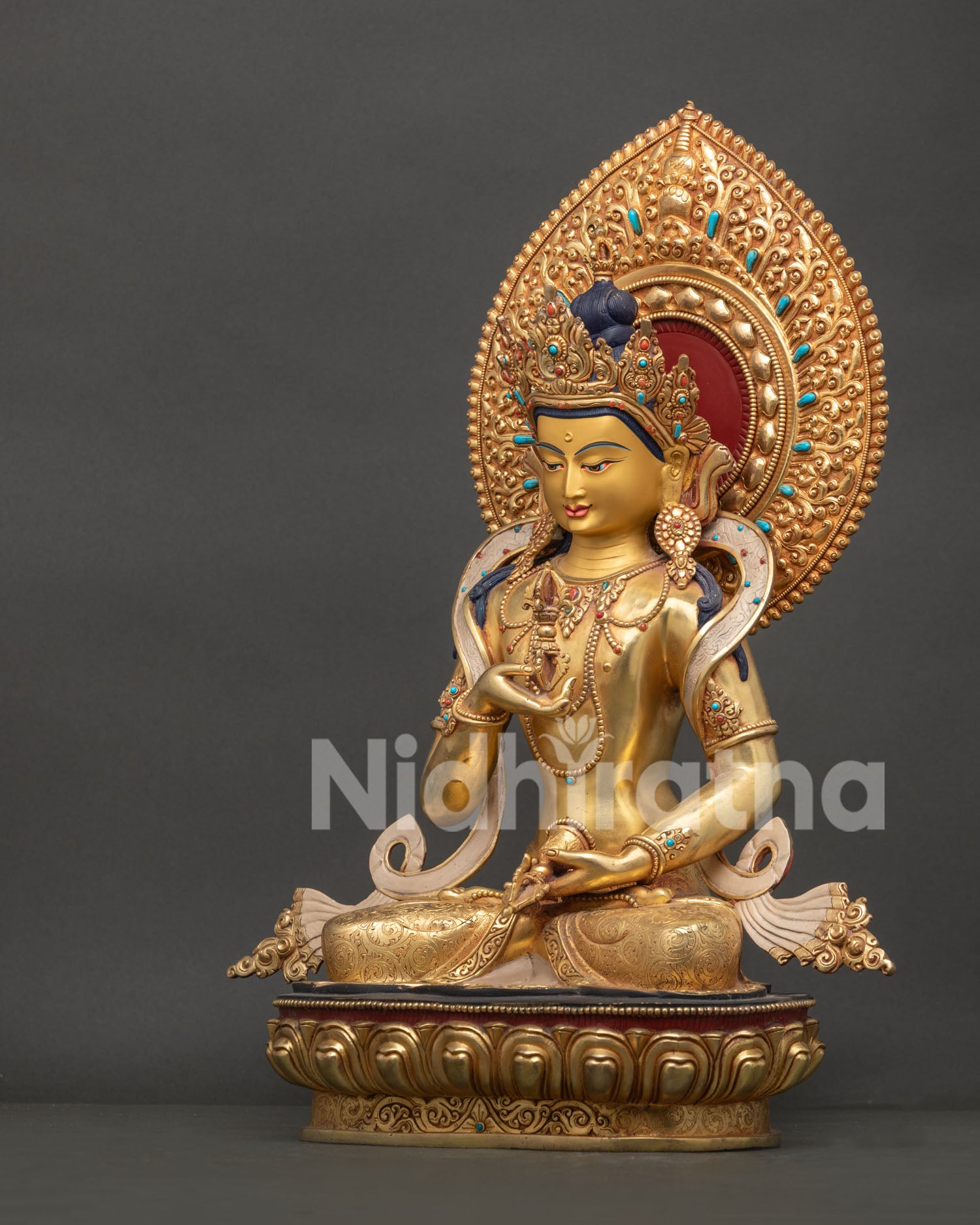 Left Side View of Vajrasattva Statue Holding Bell with Traditional Nepalese Craftsmanship