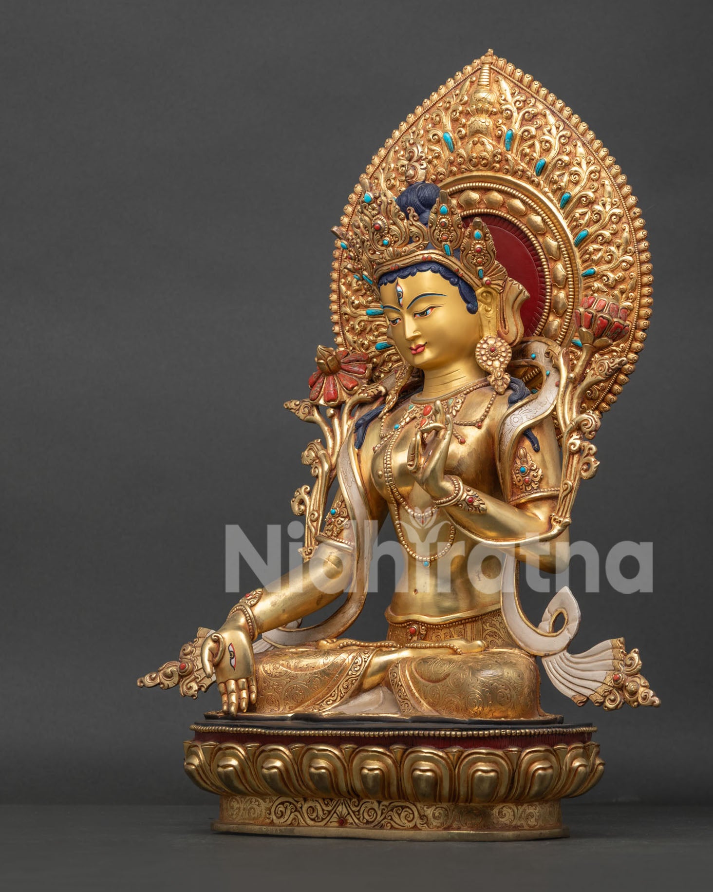 White Tara Statue Left Side View Displaying Detailed Ornaments and Gold Fire Gilding