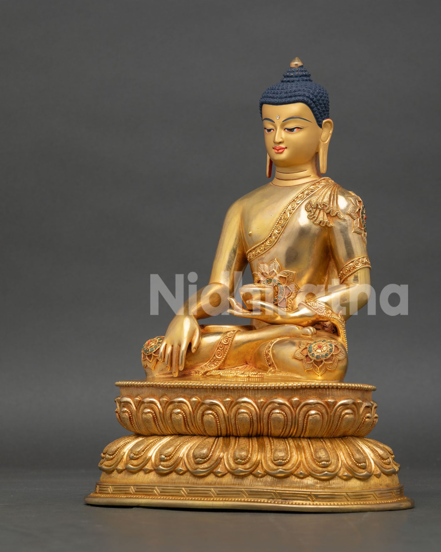 Left Side View Shakyamuni Buddha Statue with Intricate Himalayan Metalwork