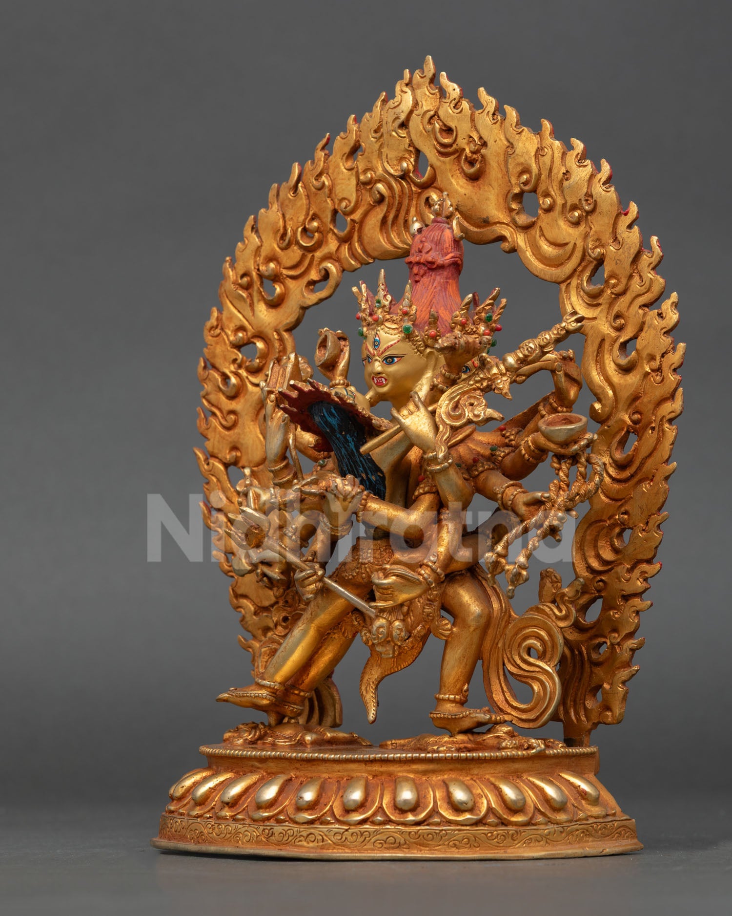 left view of chakrasamvara yab yum sculpture with detailed copper craftsmanship and gemstones
