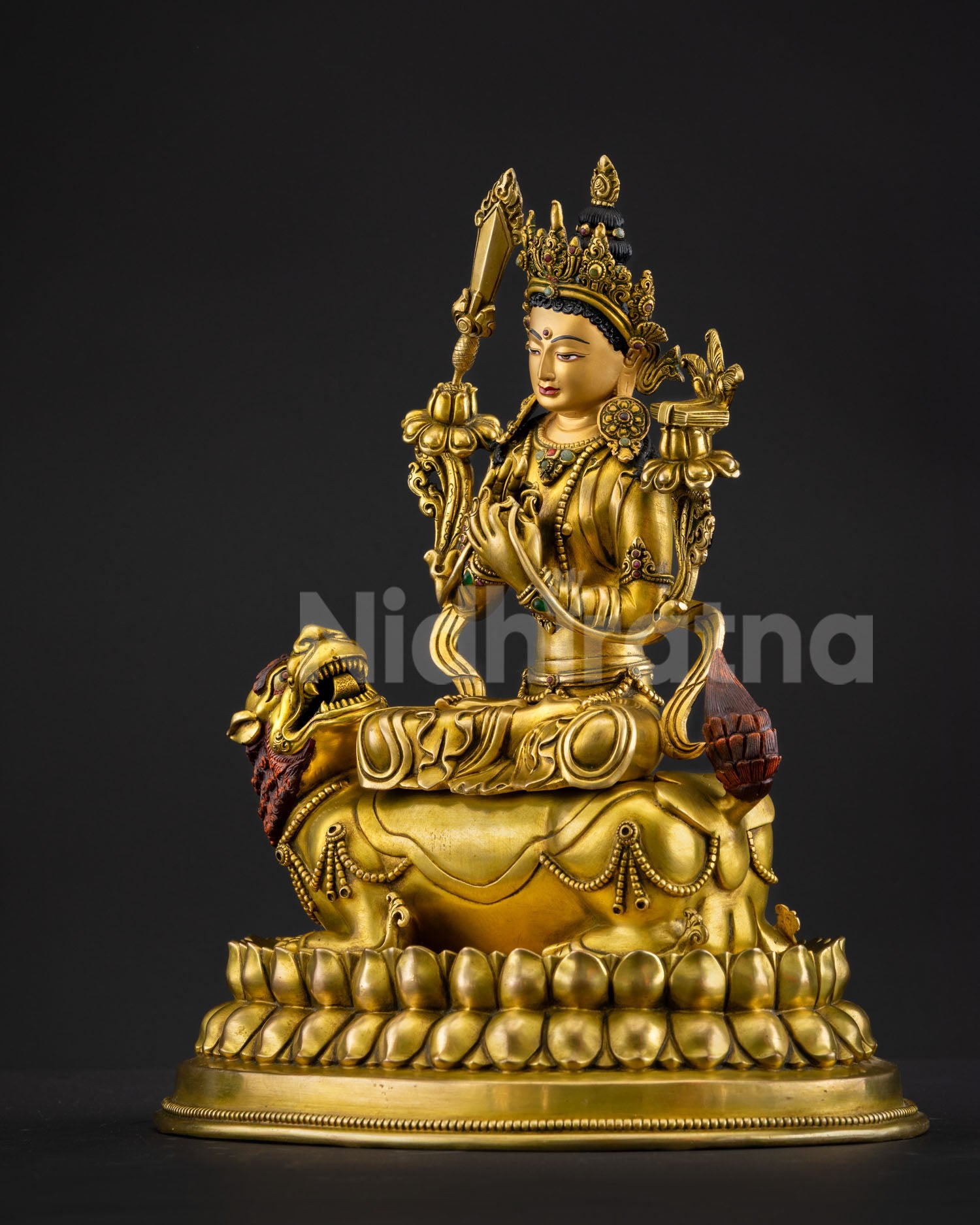 Left view of Simhanada Manjushri Himalayan Buddhist sculpture on snow lion