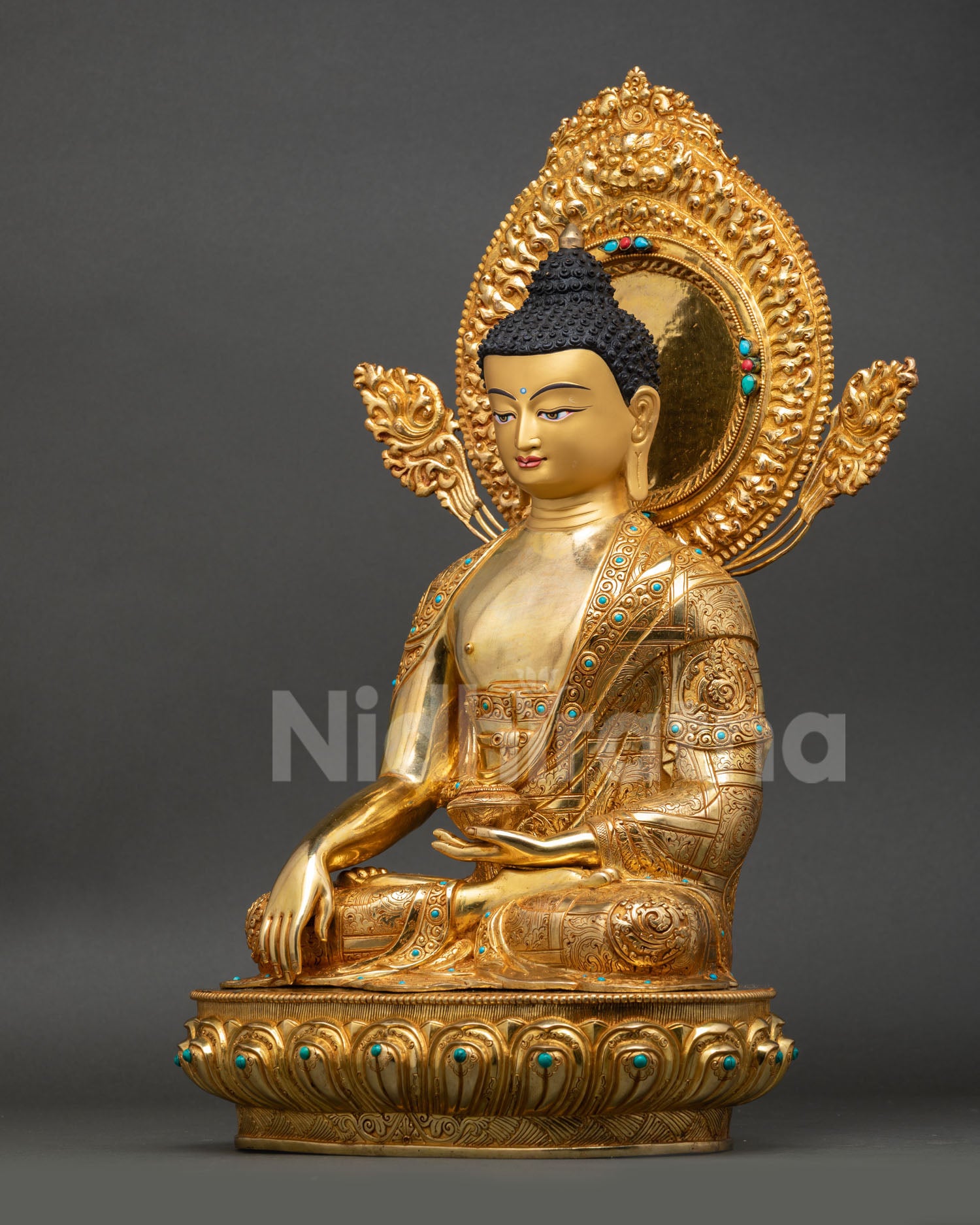 left view shakyamuni buddha statue, himalayan buddhist statue, gold gilded copper art