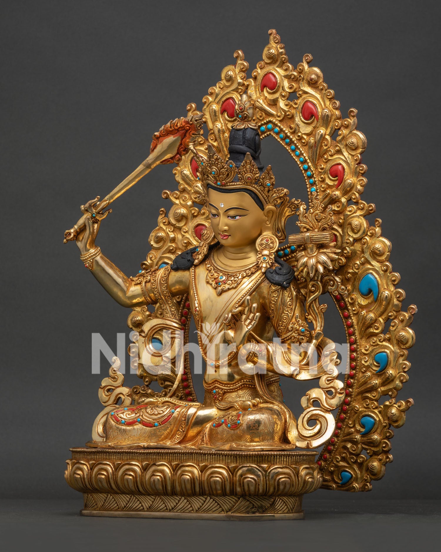 Left View Side Manjushri Statue with 24K Gold Fire Gilded Finish and Lotus Throne