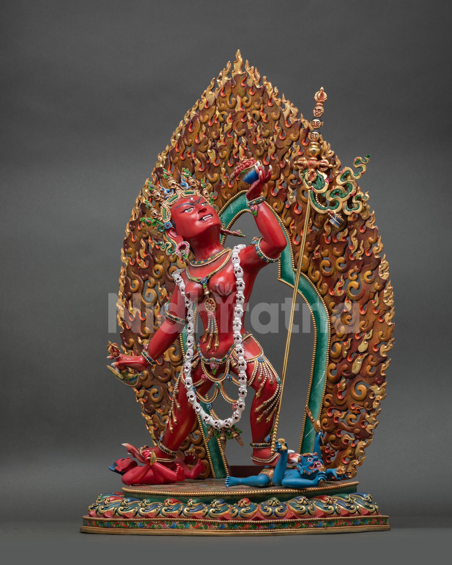 left view side of vajrayogini statue, tantric buddhist copper artwork gold finish