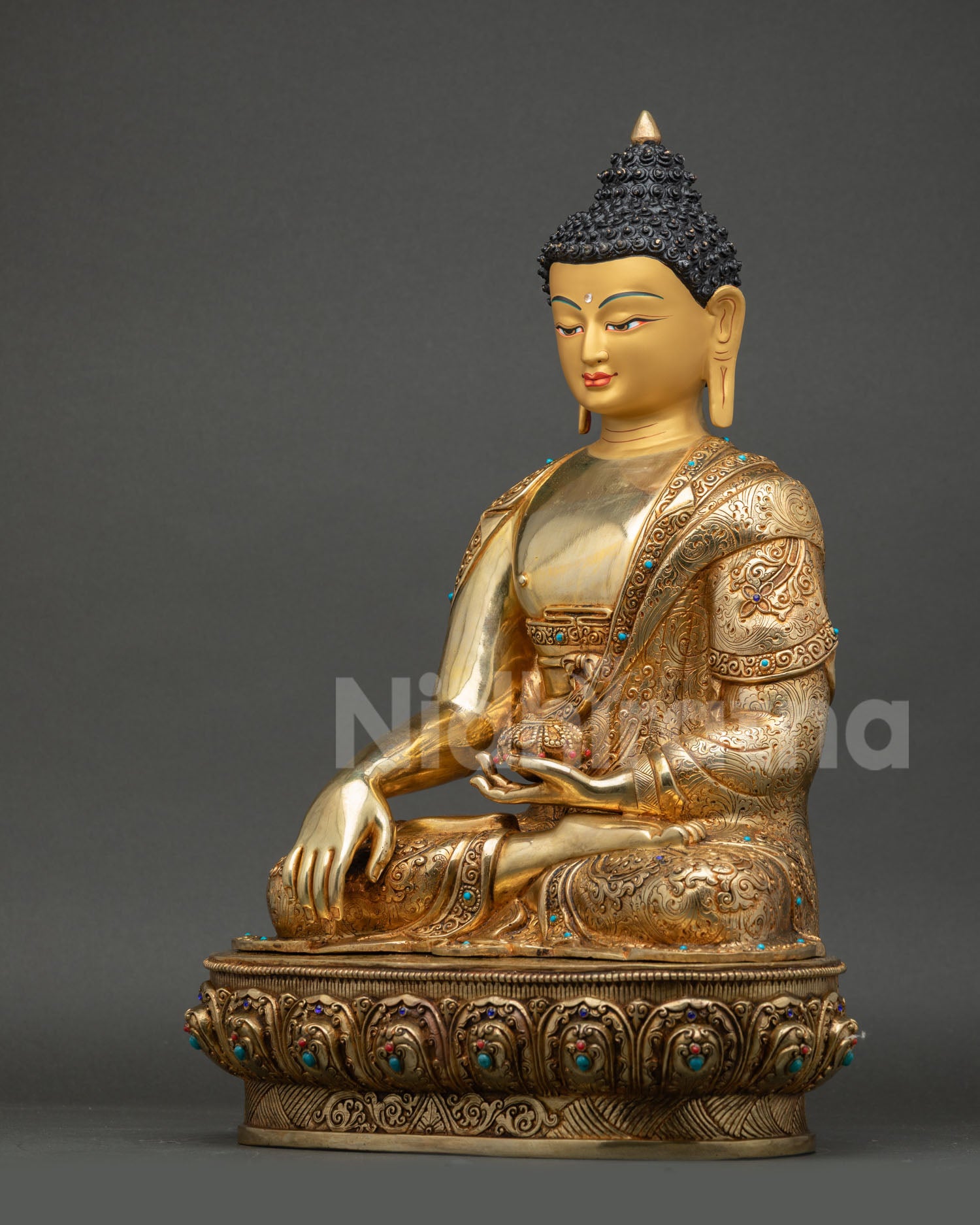 left view side shakyamuni buddha statue handcrafted gold gilded meditation sculpture
