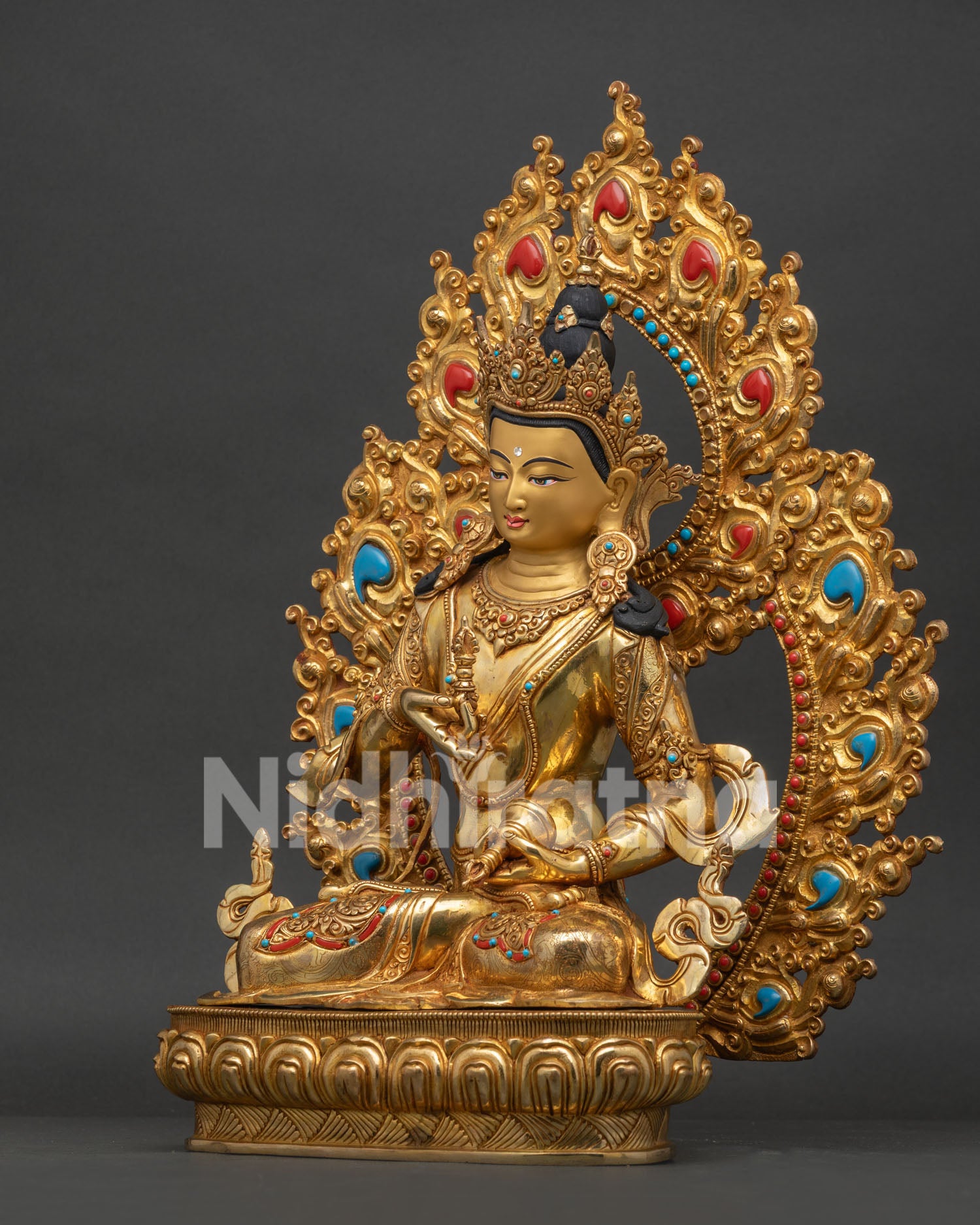 Left view side Vajrasattva Buddha statue with handcrafted floral halo details