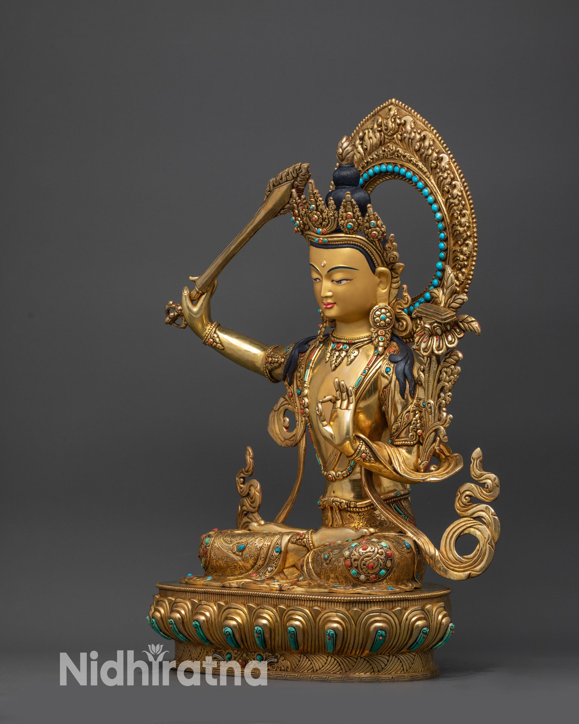 left view side of Premium Manjushri Statue displaying lotus throne and stone-adorned majestic halo