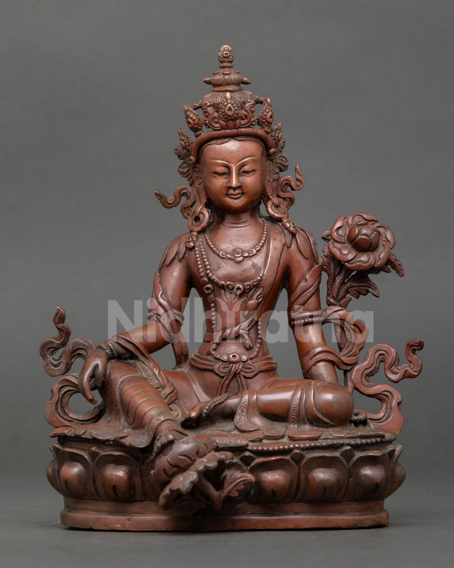 lokeshvara statue front view, oxidized copper buddhist sculpture from nepal