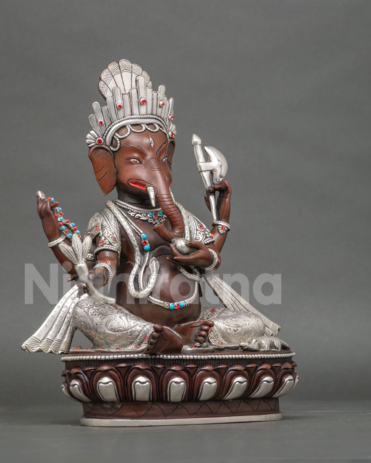 Lord Ganesh Statue Seated in Royal Posture Holding Mala Axe Broken Tusk and Modak