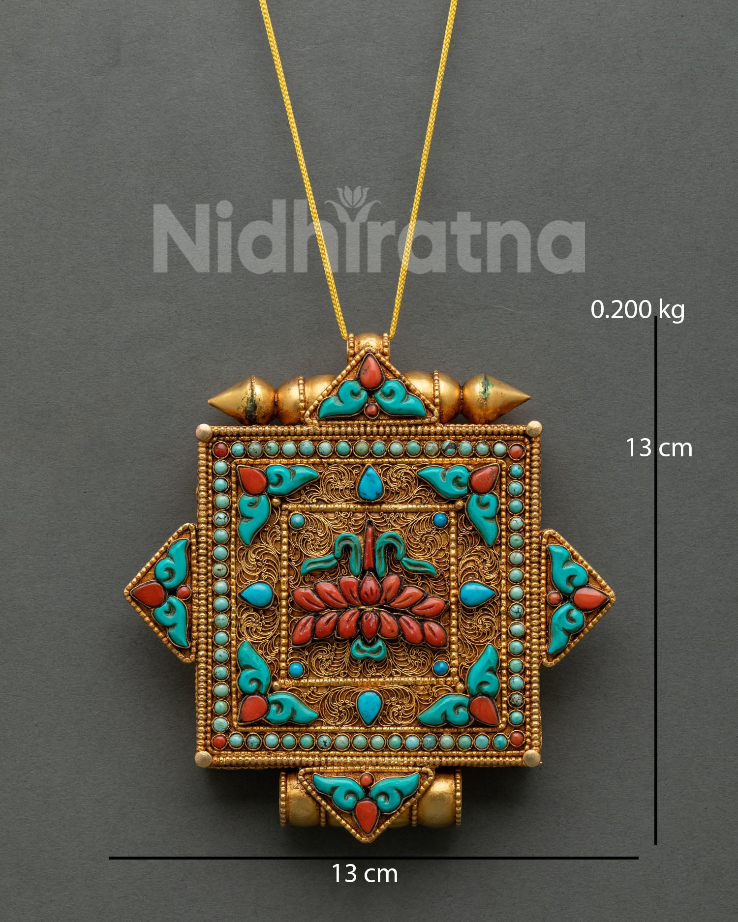 Lotus Ghau Mala handcrafted in Patan, Nepal with gold plated copper and semi-precious stones