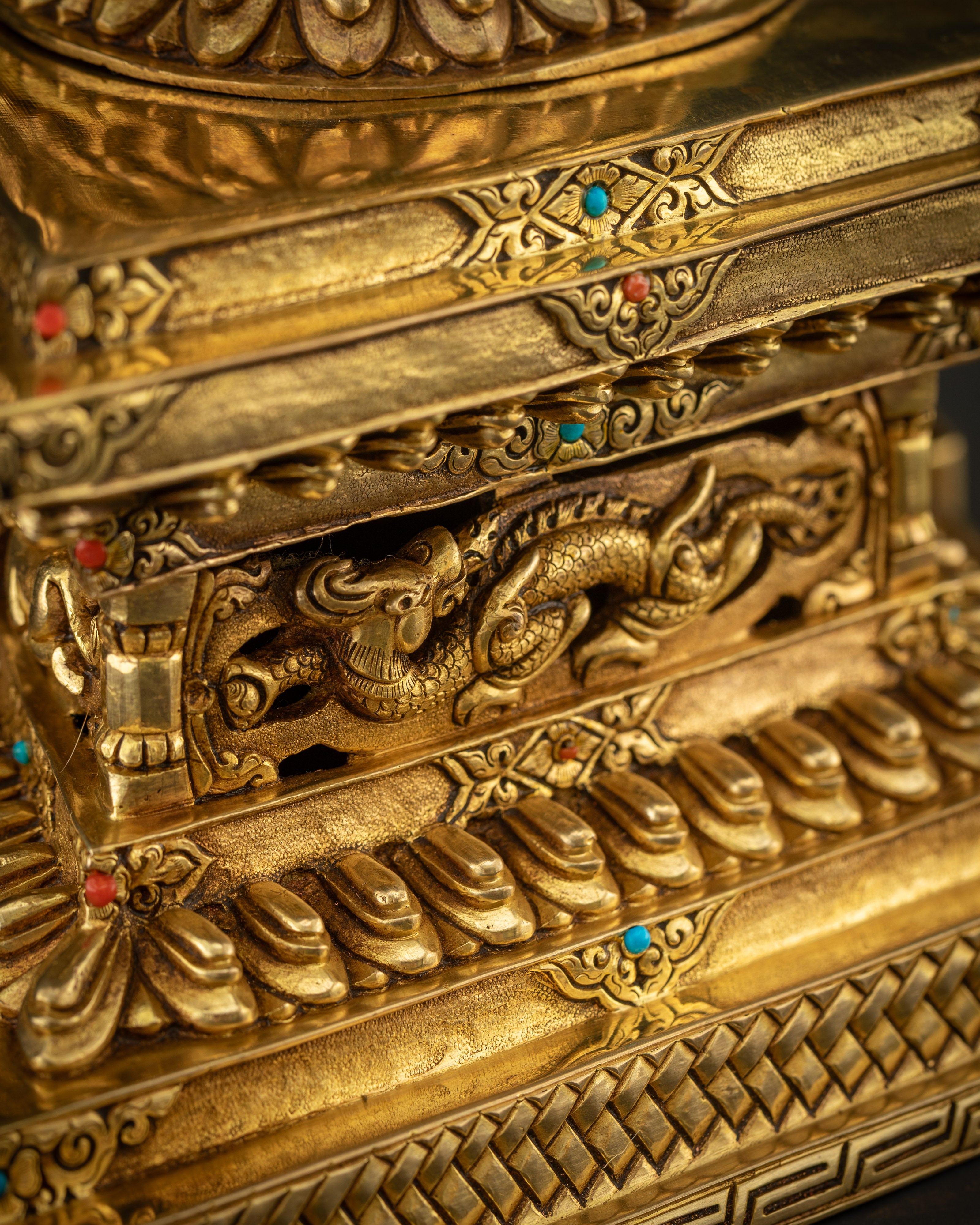 lotus pedestal view Chenrezig Avalokiteshvara statue lotus base carved floral motifs