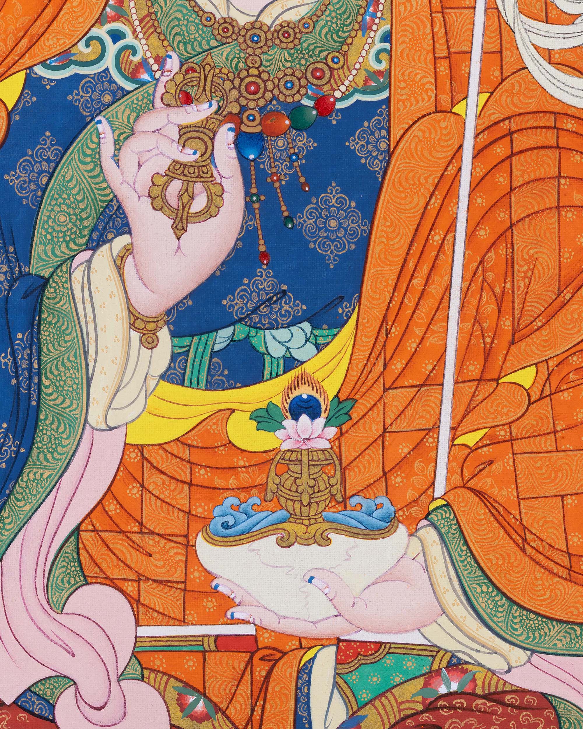 lower close-up of Tsokye Dorje holding vajra, kapala, and khatvanga with robe details