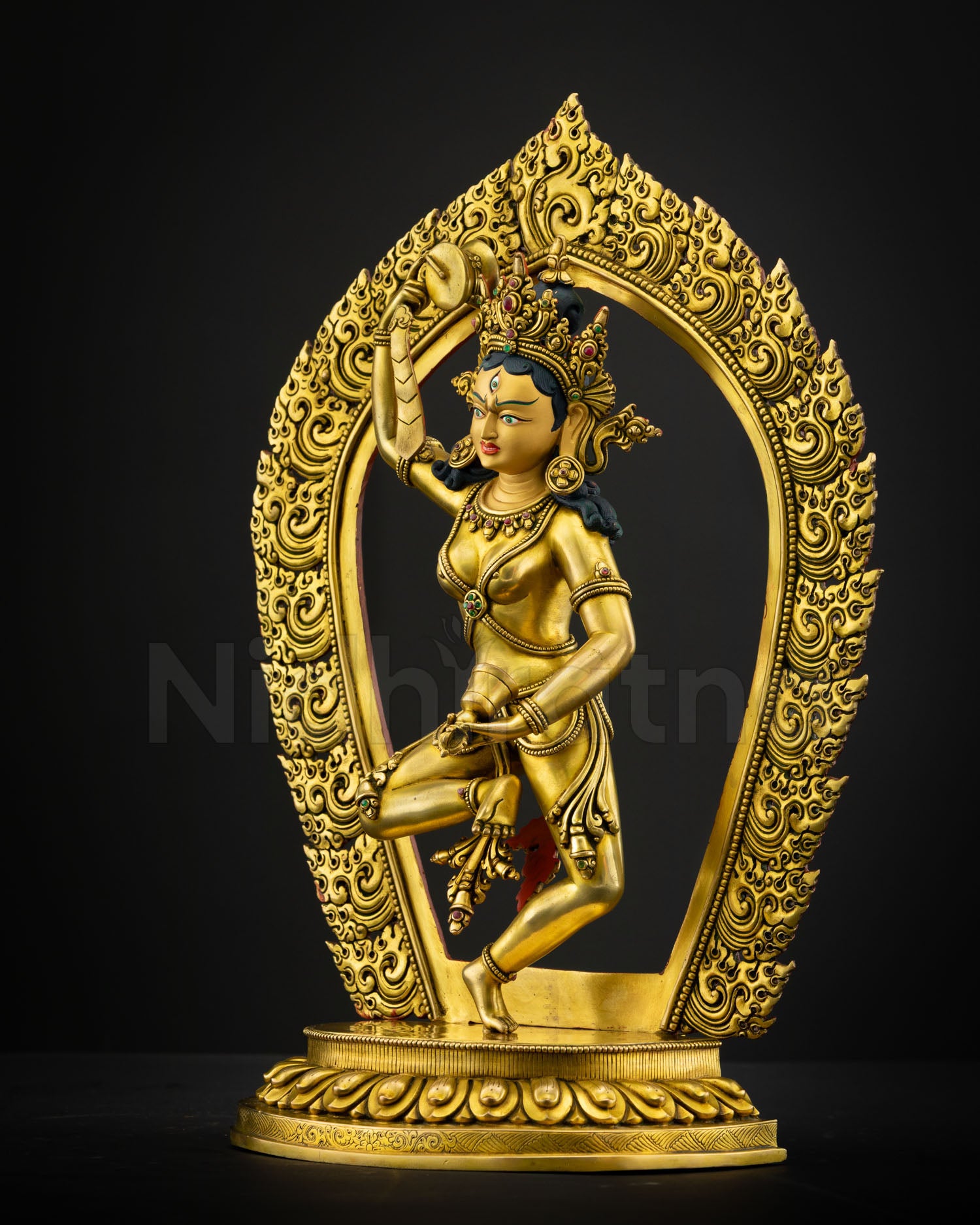 Machig Labdron Buddhist statue with flowing garments lotus pedestal and semi precious stone detailing representing spiritual empowerment and Vajrayana tradition