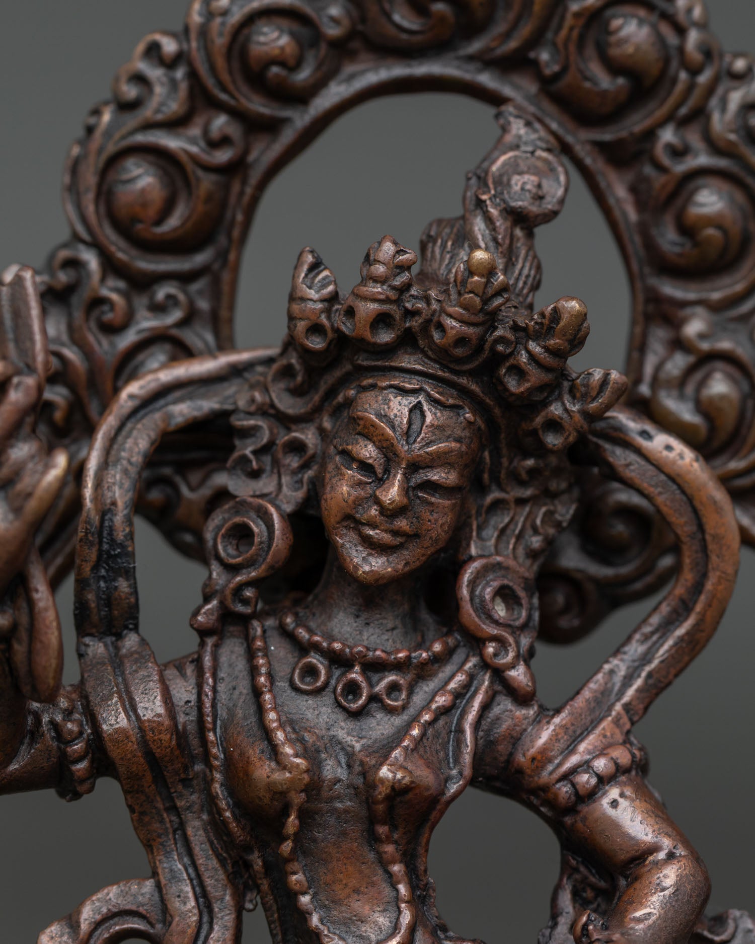 Machig Labdron detailed face view with ornate halo and traditional Nepalese craftsmanship.