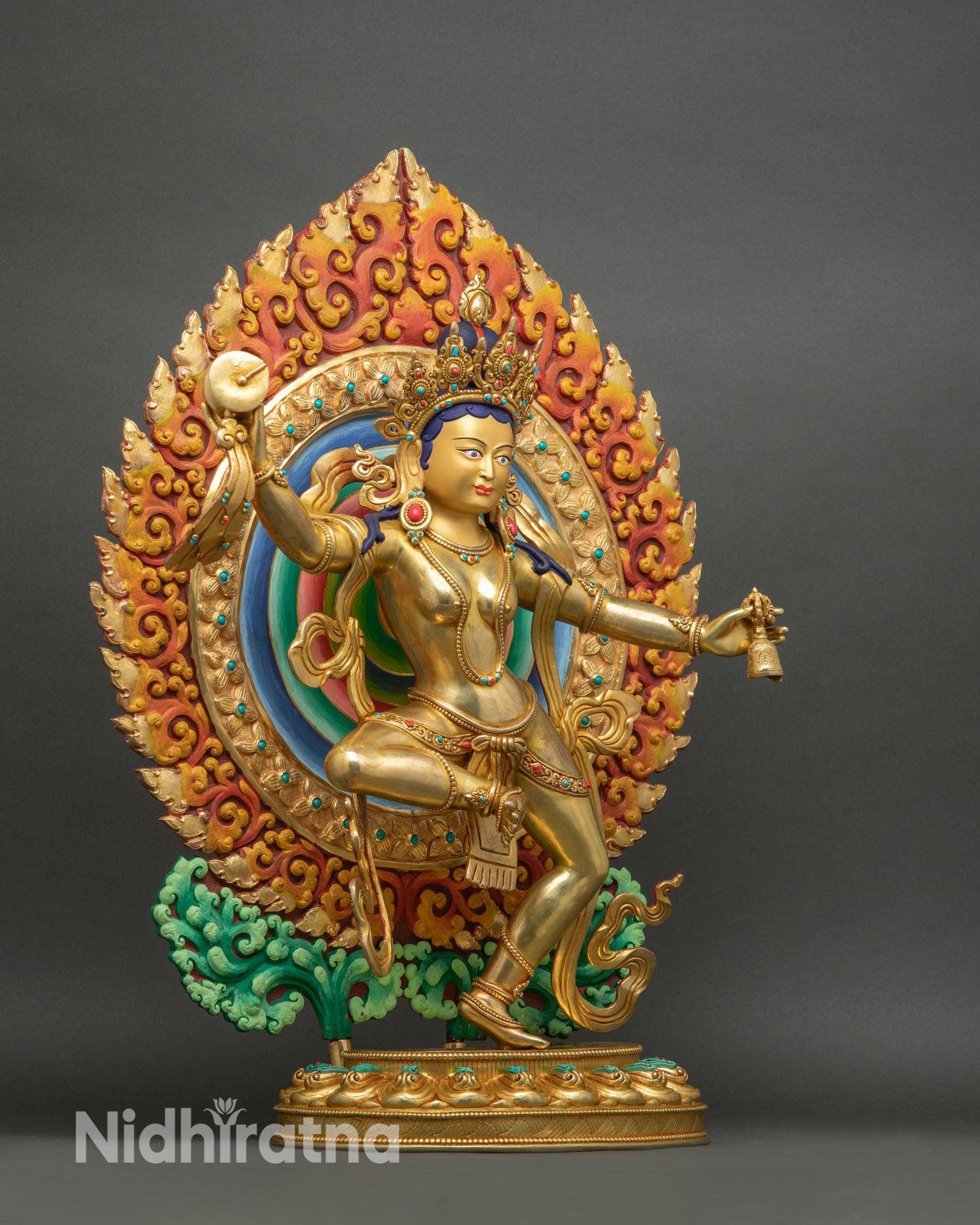 Machig Labdron statue side view dancing posture copper lost wax casting flowing robes spiritual energy nepal art