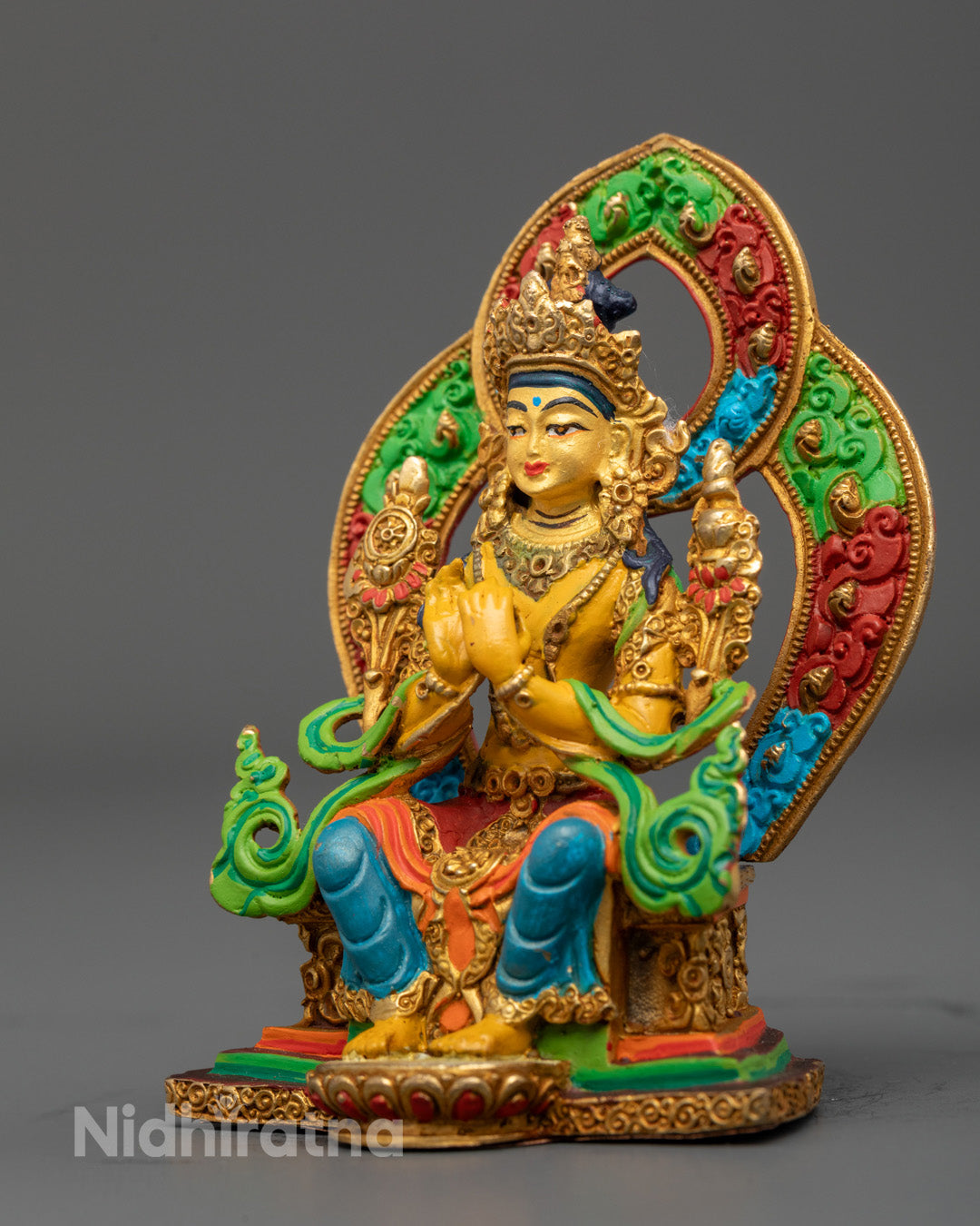 machine-made Maitreya Buddha statue showing intricate throne design, rich acrylic detailing, and traditional Buddhist craftsmanship.
