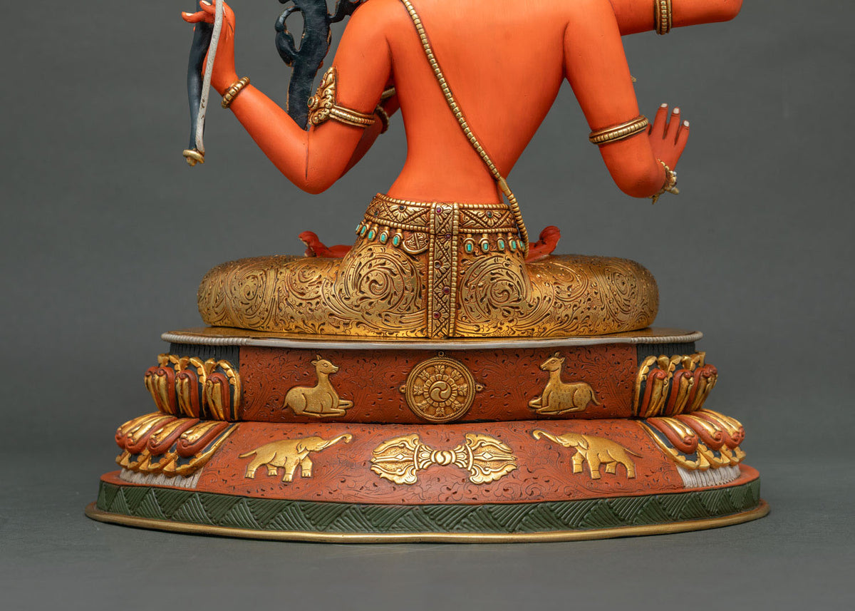 Maha Manjushri statue pedestal back with golden deer, elephants, Dharma wheel and double vajra