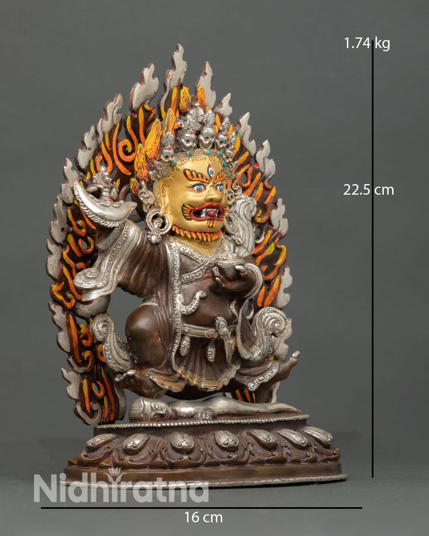 Mahakala Bernagchen statue side view standing lotus pedestal kartika knife kapala copper Himalayan protector art