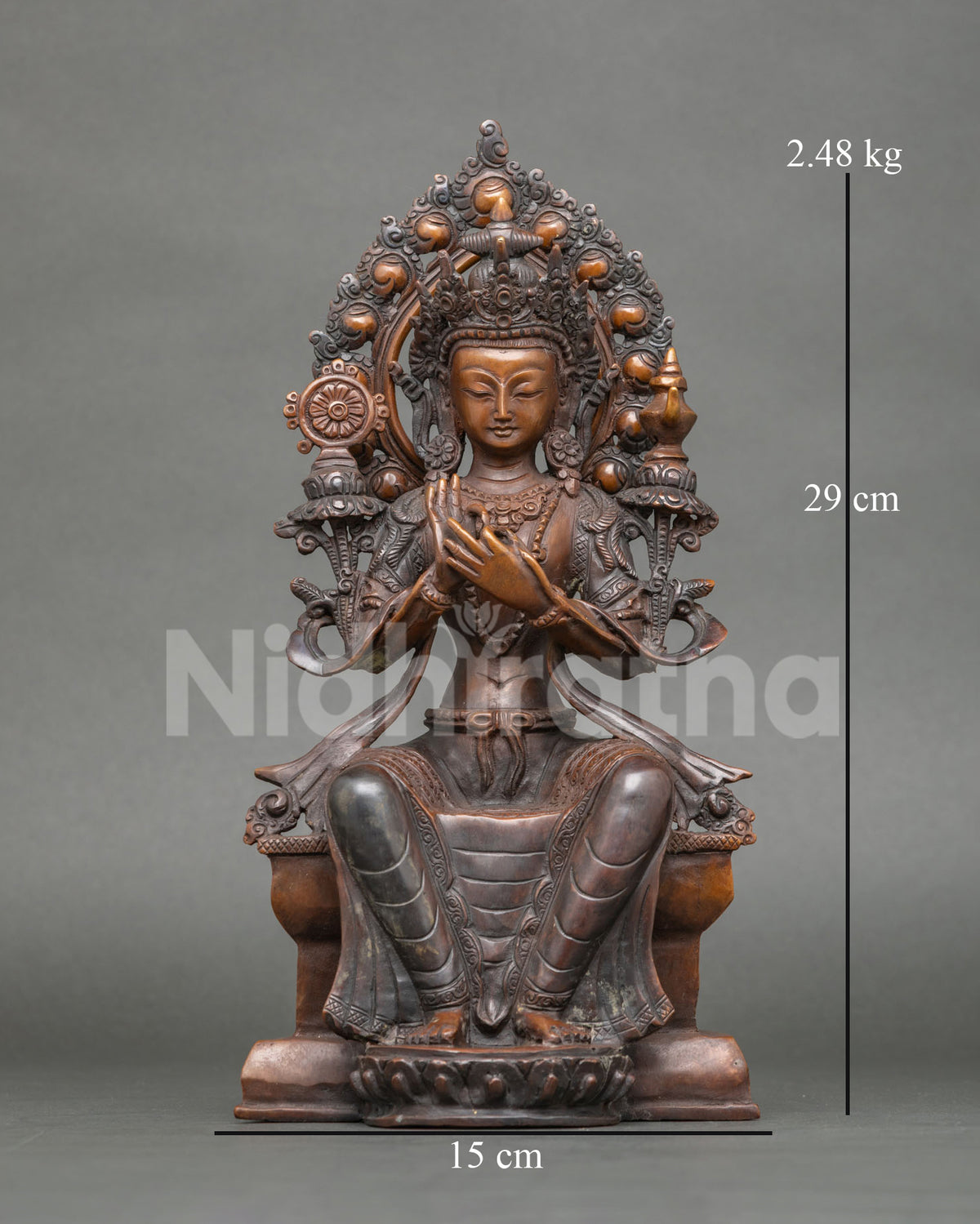 Maitreya Buddha Statue in copper with chemically oxidized finish front view.