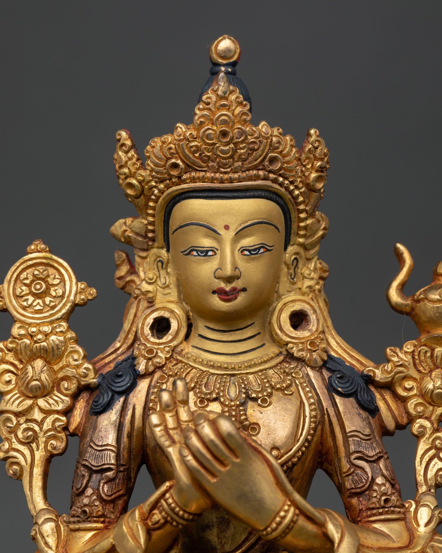 Maitreya Buddha statue detailed face with hand painted animal halo.