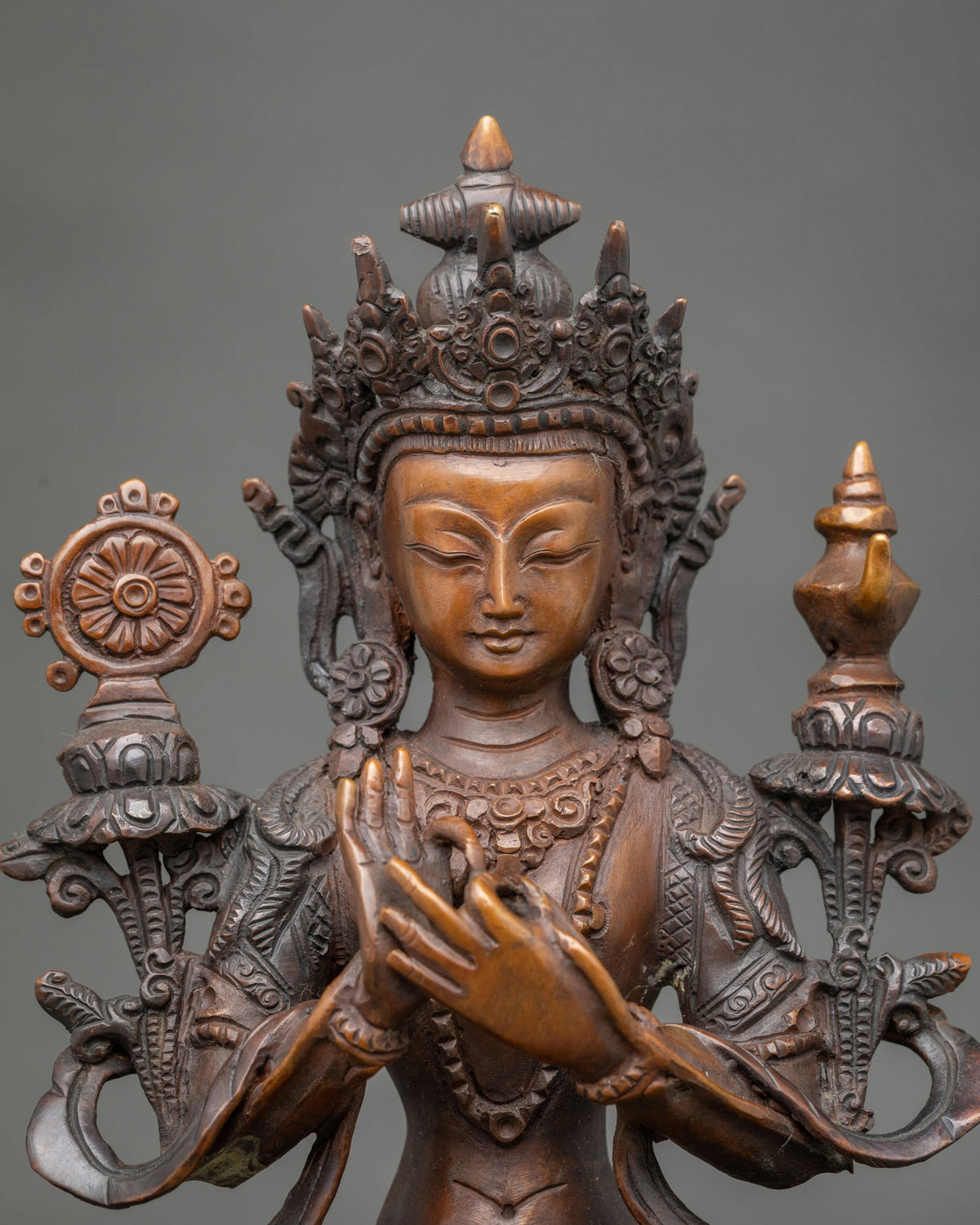 Maitreya Buddha Statue displaying the Dharma Chakra Mudra hand gesture.