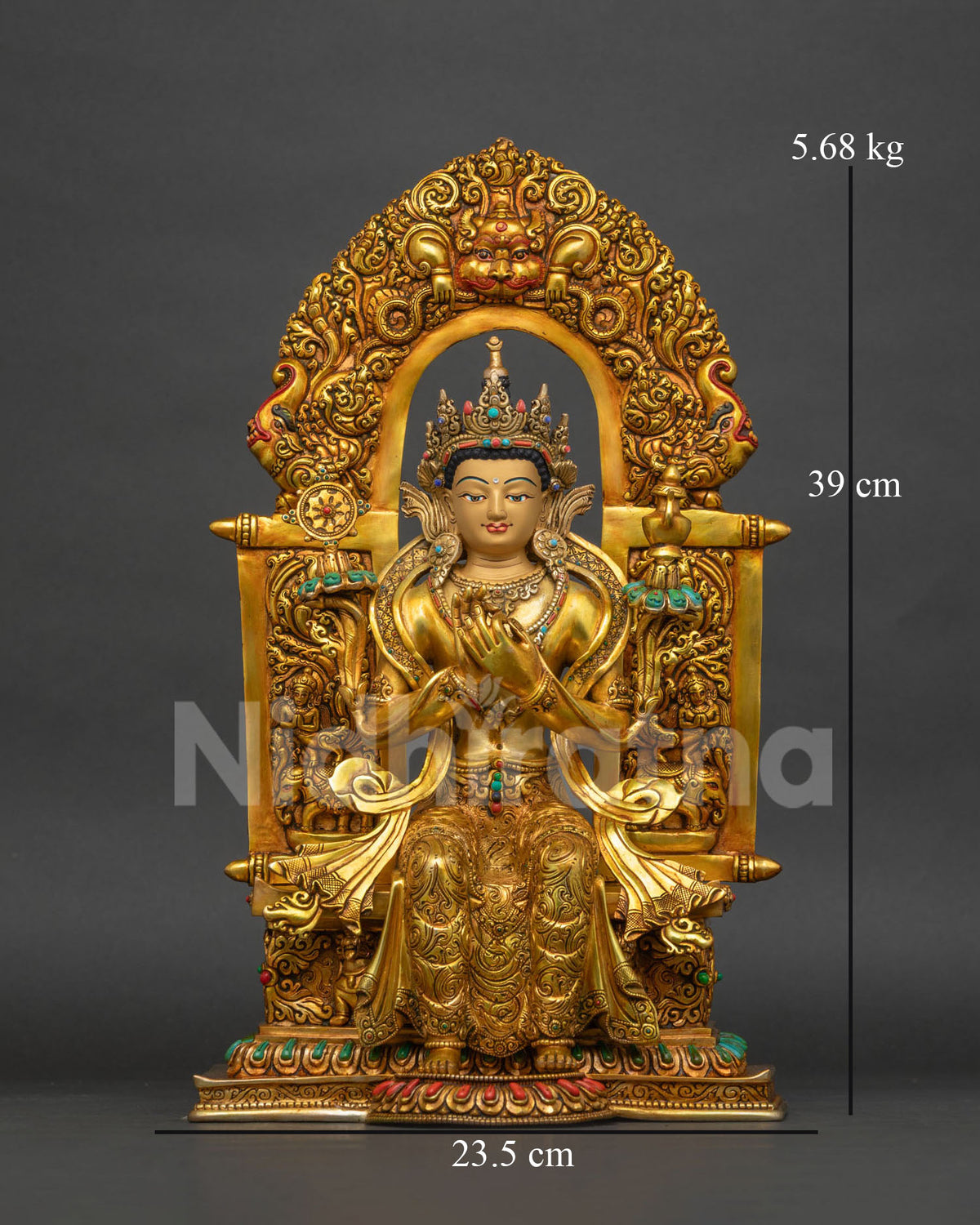Maitreya Buddha statue front view, gold-gilded copper sculpture handcrafted in Nepal
